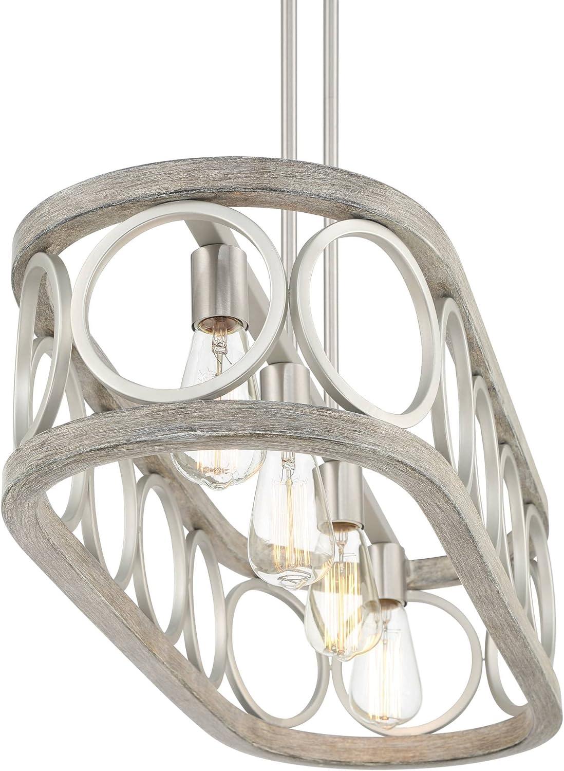 Franklin Iron Works Salima Brushed Nickel Gray Wood Linear Pendant Chandelier 32 1/2" Wide Farmhouse Rustic 4-Light LED for Dining Room Kitchen Island