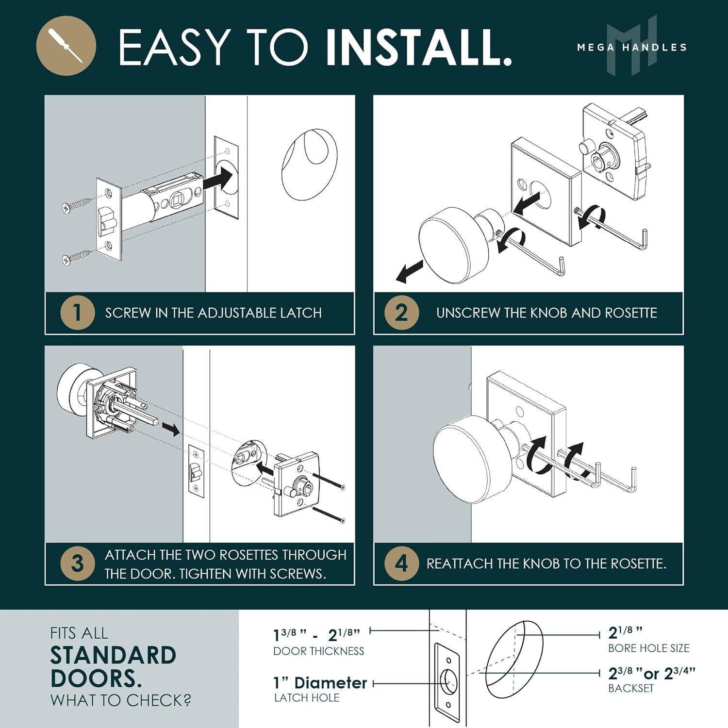 Mega Handles Laura Reversible Interior Door Knob for Bedrooms, Bathroom & Hallway | Modern Stainless Door Locks