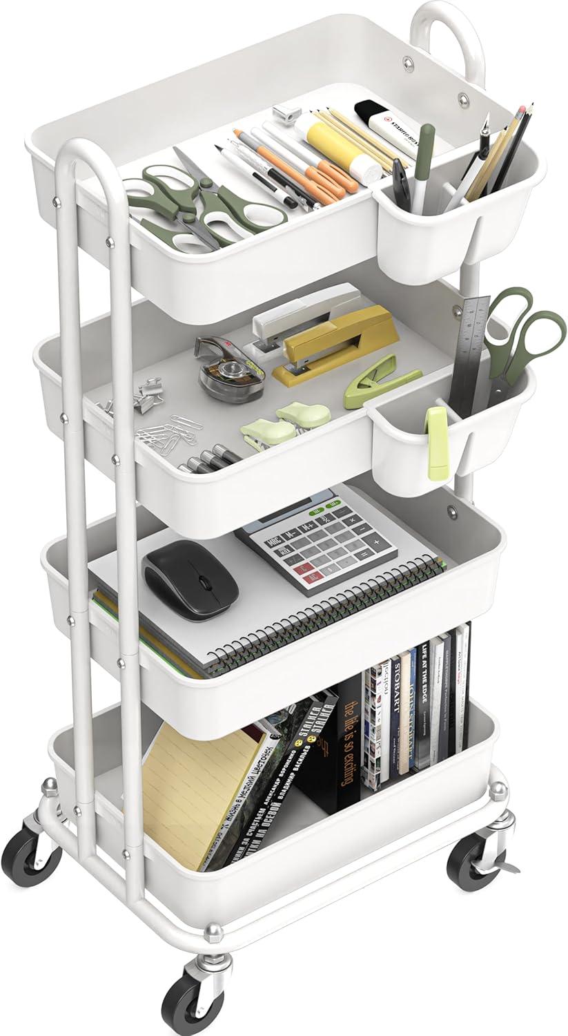 White Metal 4-Tier Utility Rolling Cart with Swivel Casters