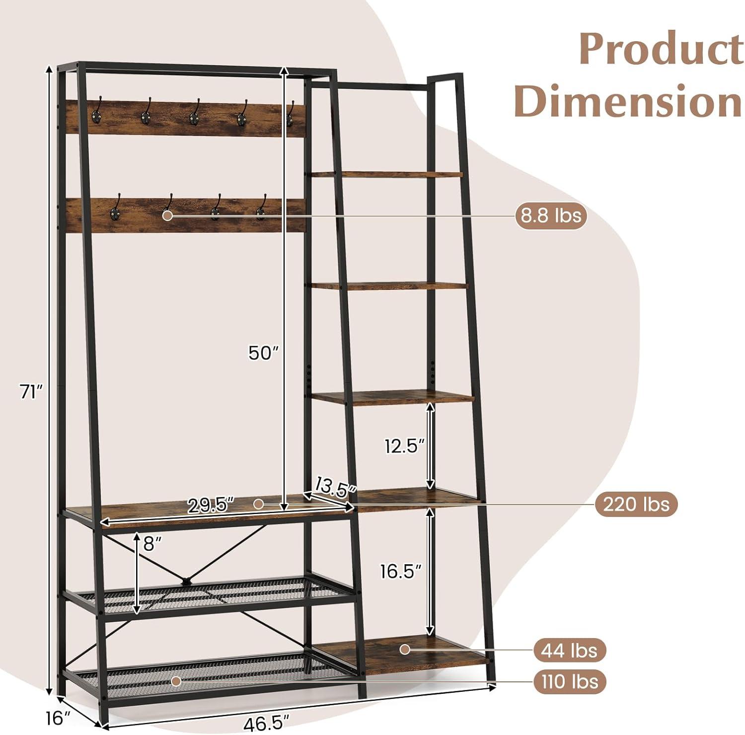 Canddidliike 5-in-1 Entryway Hall Tree with Storage Bench with 9 Hooks-Rustic Brown, Multipurpose Hat, Coat & Shoe Storage Rack, Shoe Storage Rack for Bedroom & Entryway