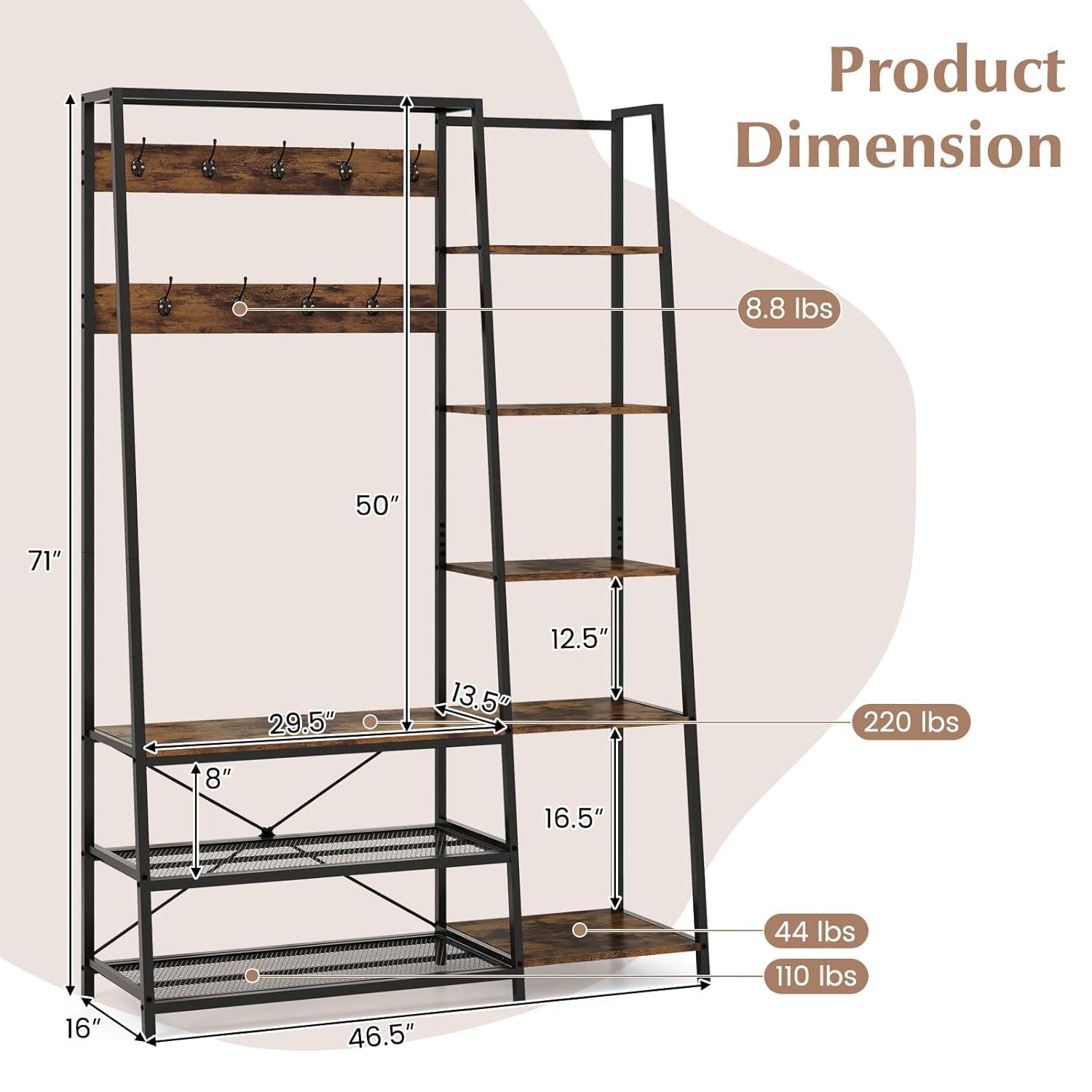 Costway 1 PC 5-In-1 Entryway Coat Rack Storage Shoe Bench Freestanding Wooden Hall Tree