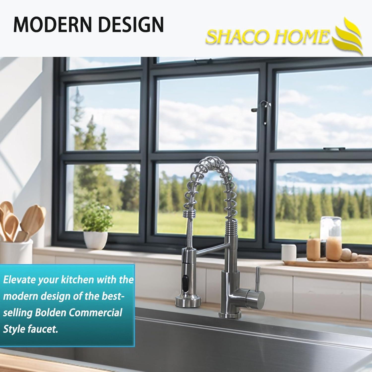 SHACO Kitchen Faucet, Stainless Steel Kitchen Faucet with Pull Down Sprayer, Commercial Single Handle Spring Faucet for Farmhouse Camper Laundry Utility RV Wet Bar Sink Brushed Nickel