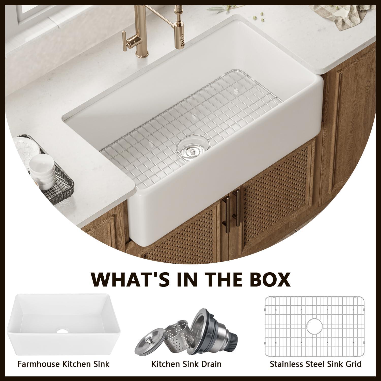 Grove 30" L X 18" W Rectangular White Single Basin Fireclay Farmhouse / Apron Kitchen Sink with Grid and Strainer