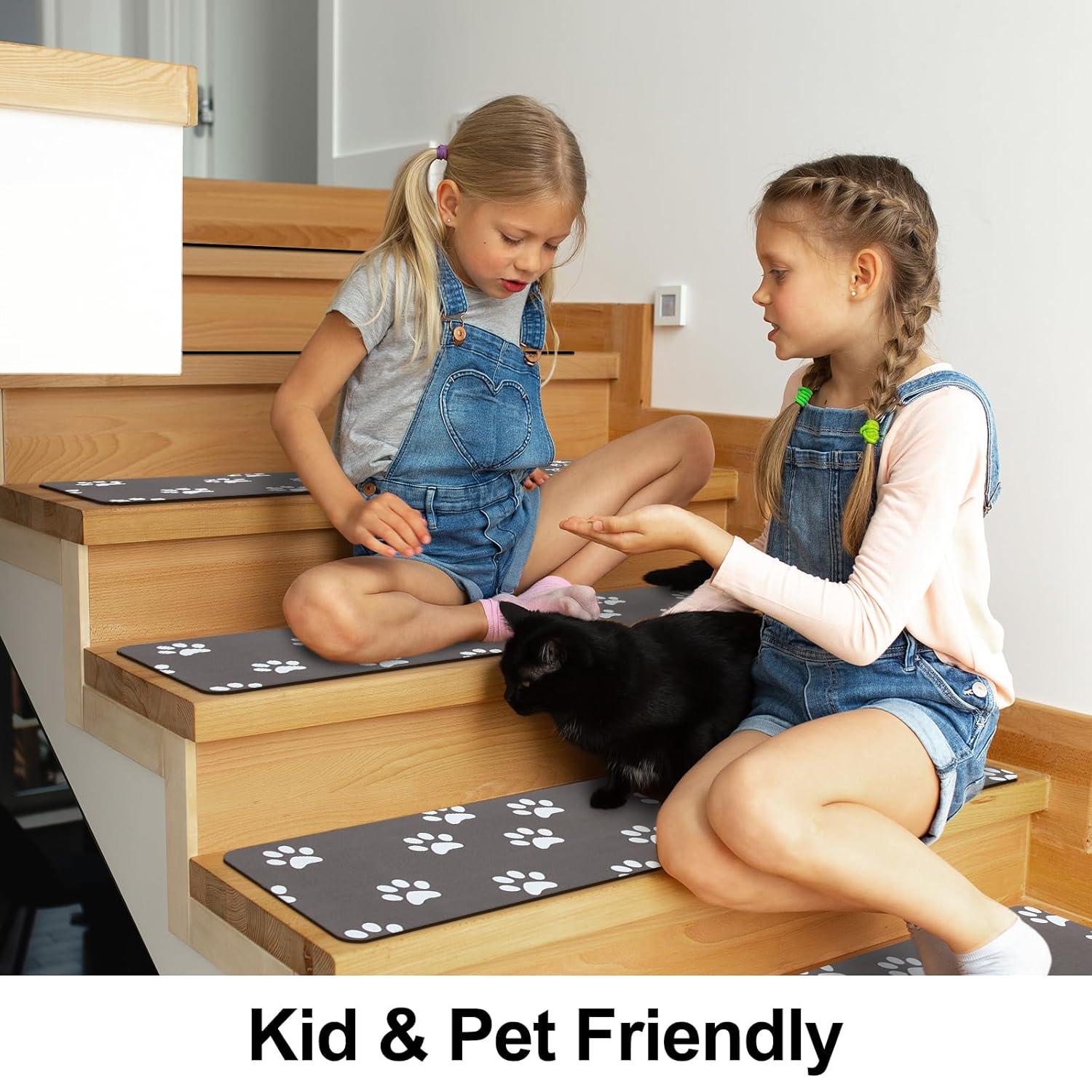 Bungalow Rose Stair Treads Non Slip For Wooden Steps, 15PCS 8"X30" Grey Rubber Backing Stair Runner Mats, Washable Reusable Carpet For Stairs Rugs Indoor Safety Staircase Step Treads For Kids Elders Dogs