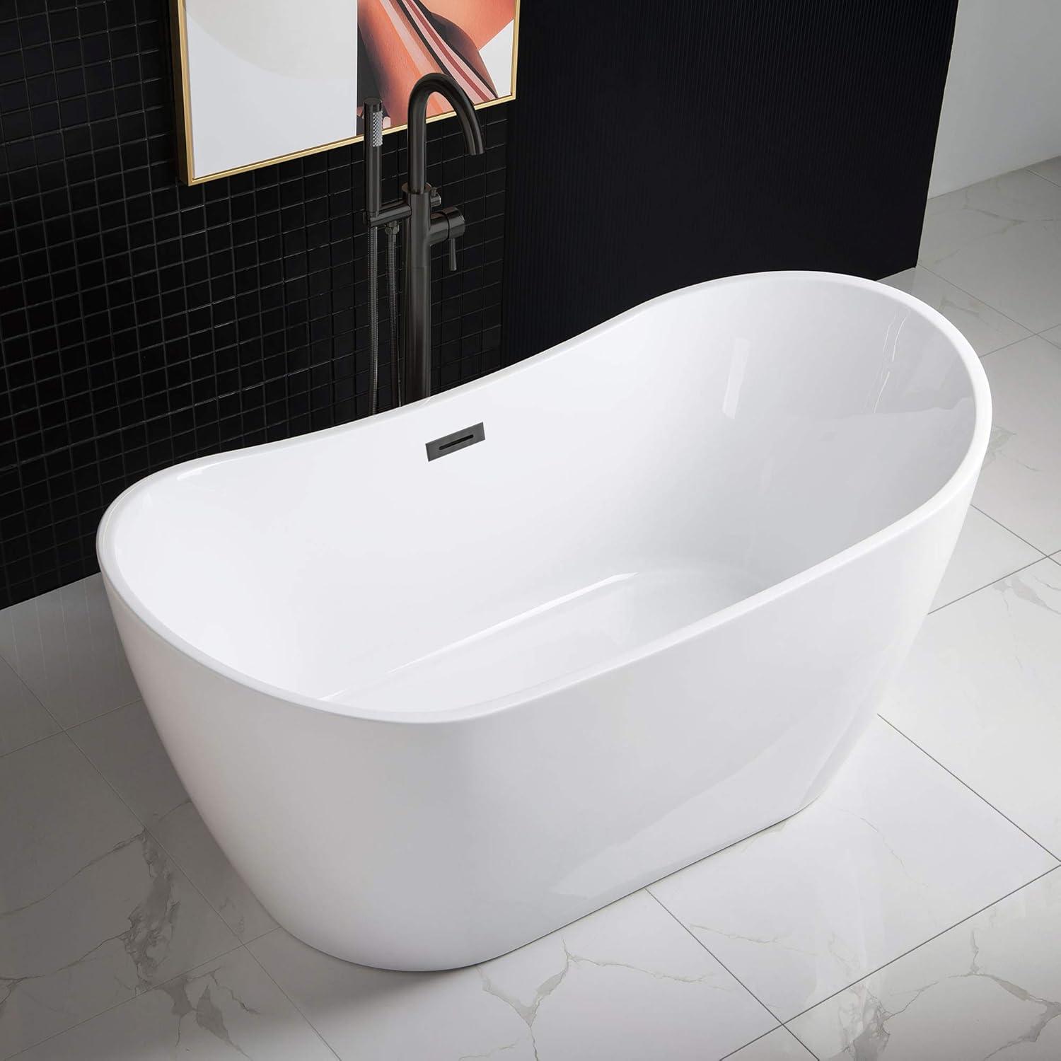 59" White Acrylic Freestanding Oval Bathtub with Matte Black Overflow