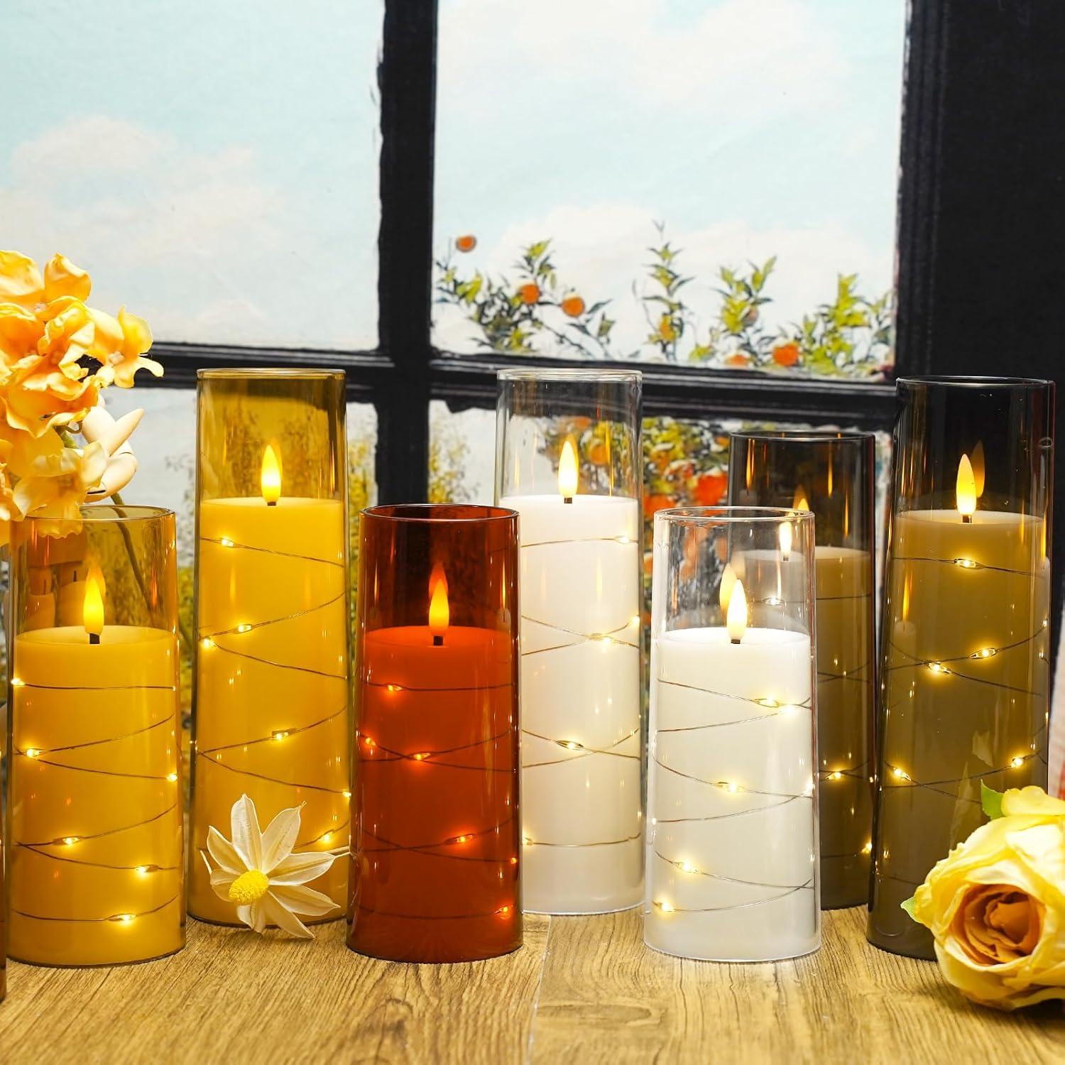Raycare Flameless LED Candles with Embedded Star String, 9 Pcs Battery Operated Acrylic Pillar Candles with Timer and Remote, Flickering for Romantic Ambiance and Home Decoration (Grey)
