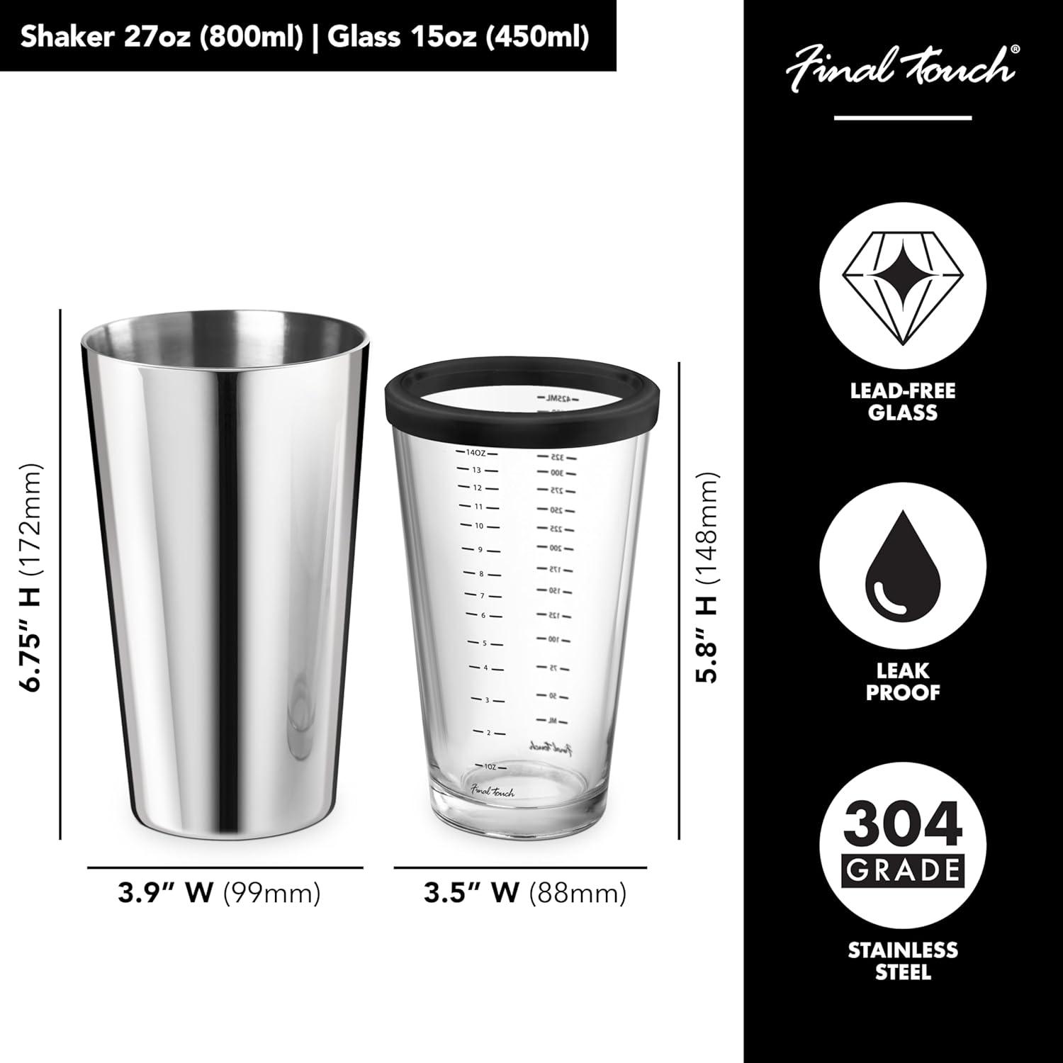 Final Touch Double Wall Boston Shaker with Silicone Seal and Measurements