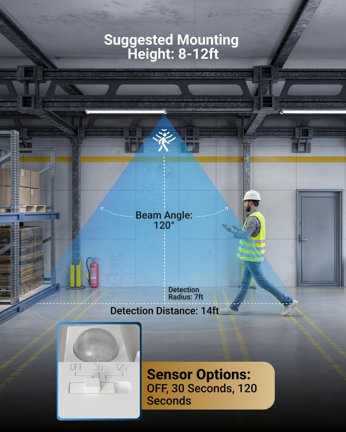 Sunco Motion Sensor 4ft LED Shop Light, Garage Lights Ceiling LED Plug in Fixtures, 40W, 5000K Daylight, Frosted, Motion Activated, Linkable Suspension Mount, ETL 4 Pack