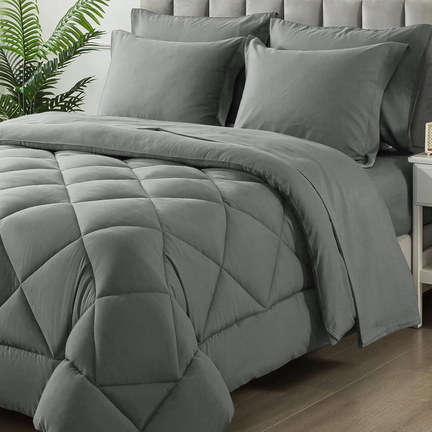 Cozy Comfort Queen Bedding Comforter Set - 7 Pieces Solid Grey Bed in a Bag Queen, Bed Set Queen with Quilted Fluffy Comforters, Sheets, Pillowcases & Shams