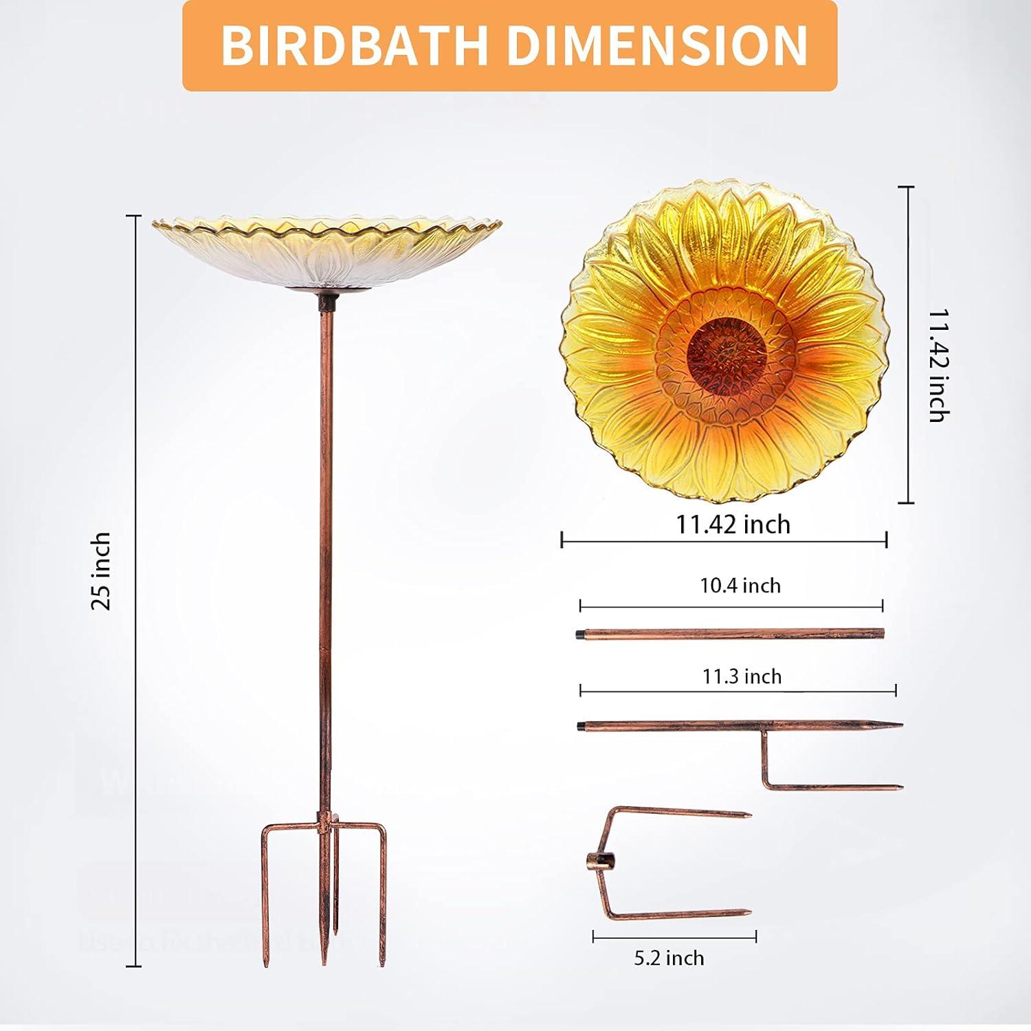 Yellow Sunflower Glass Bird Bath with Metal Stake