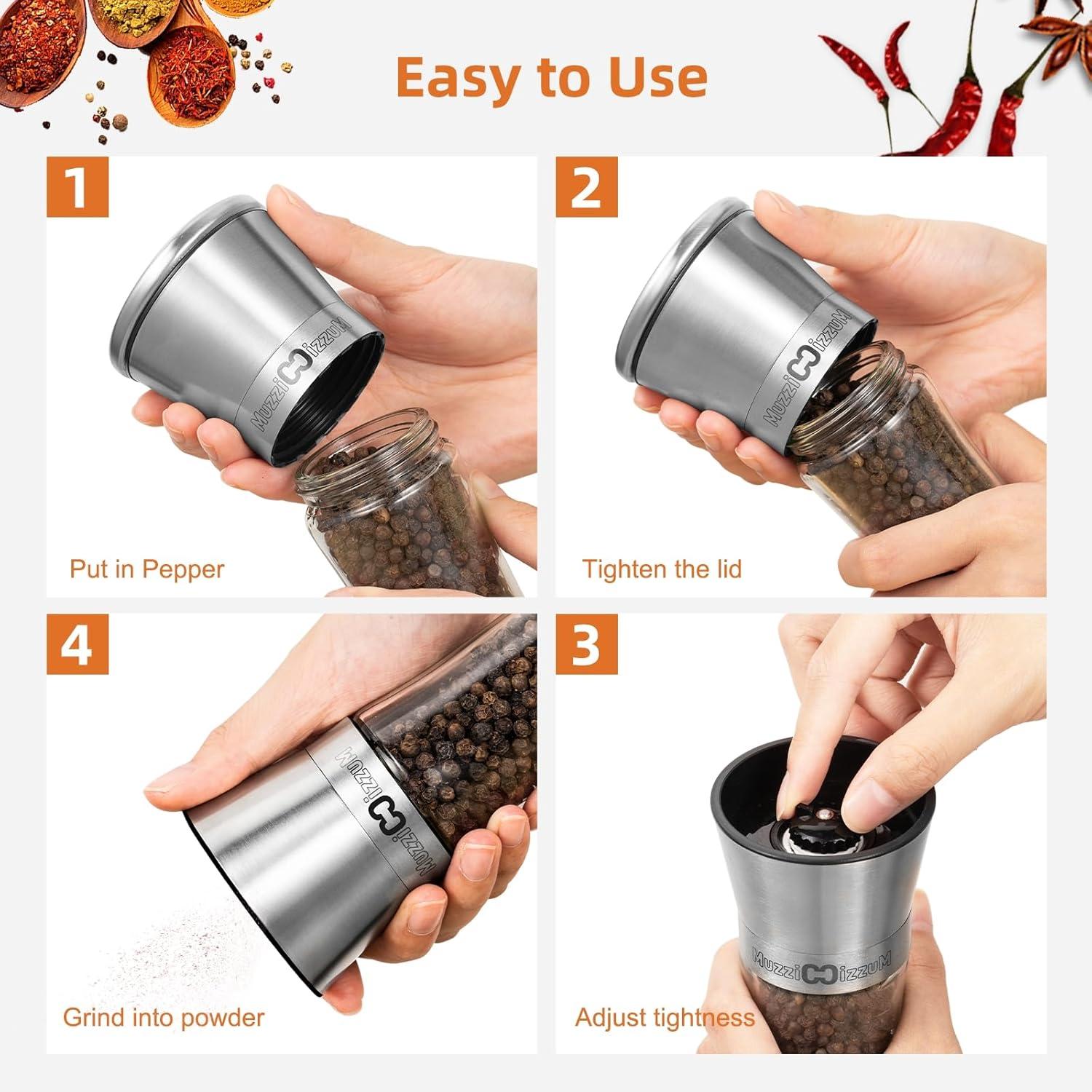 Textiles Hub Premium Salt And Pepper Grinder Set Of 2 - Two Refillable Stainless Steel Sea Salt & Spice Shakers With Adjustable Coarse Mills - Easy Clean Grinders Funnel & Cleaning Brush