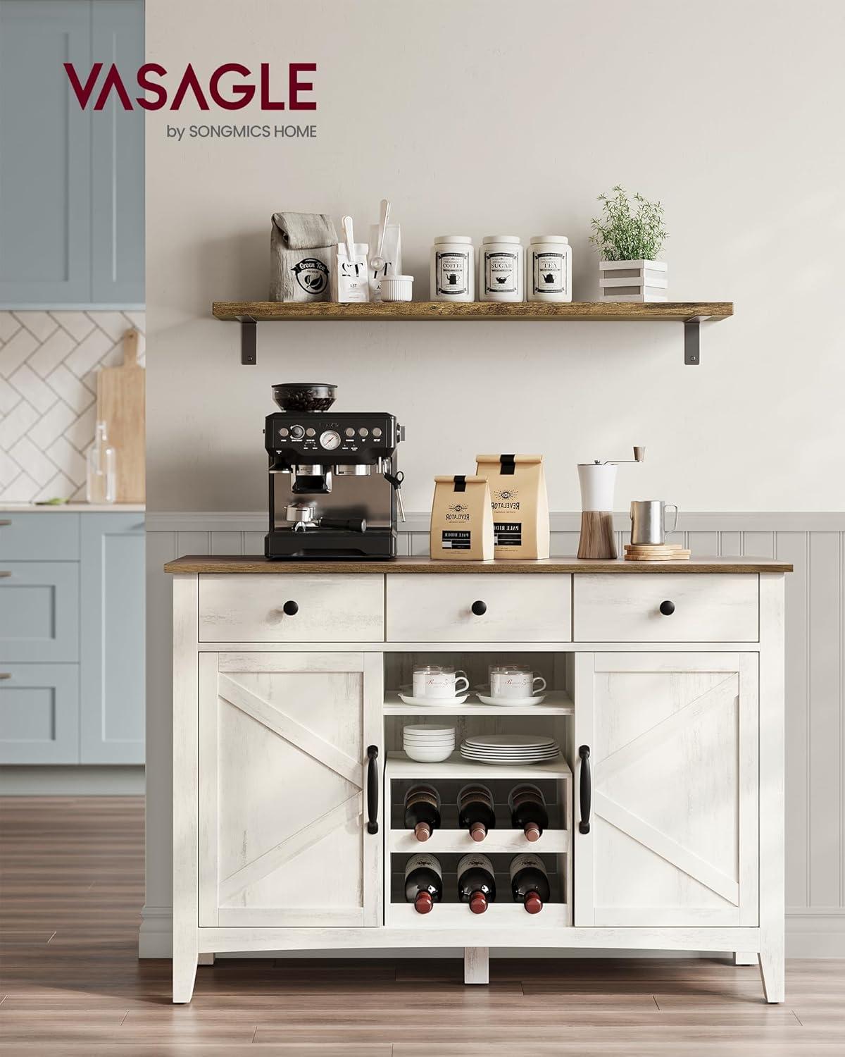 Rustic White and Honey Brown Farmhouse Sideboard with Wine Rack