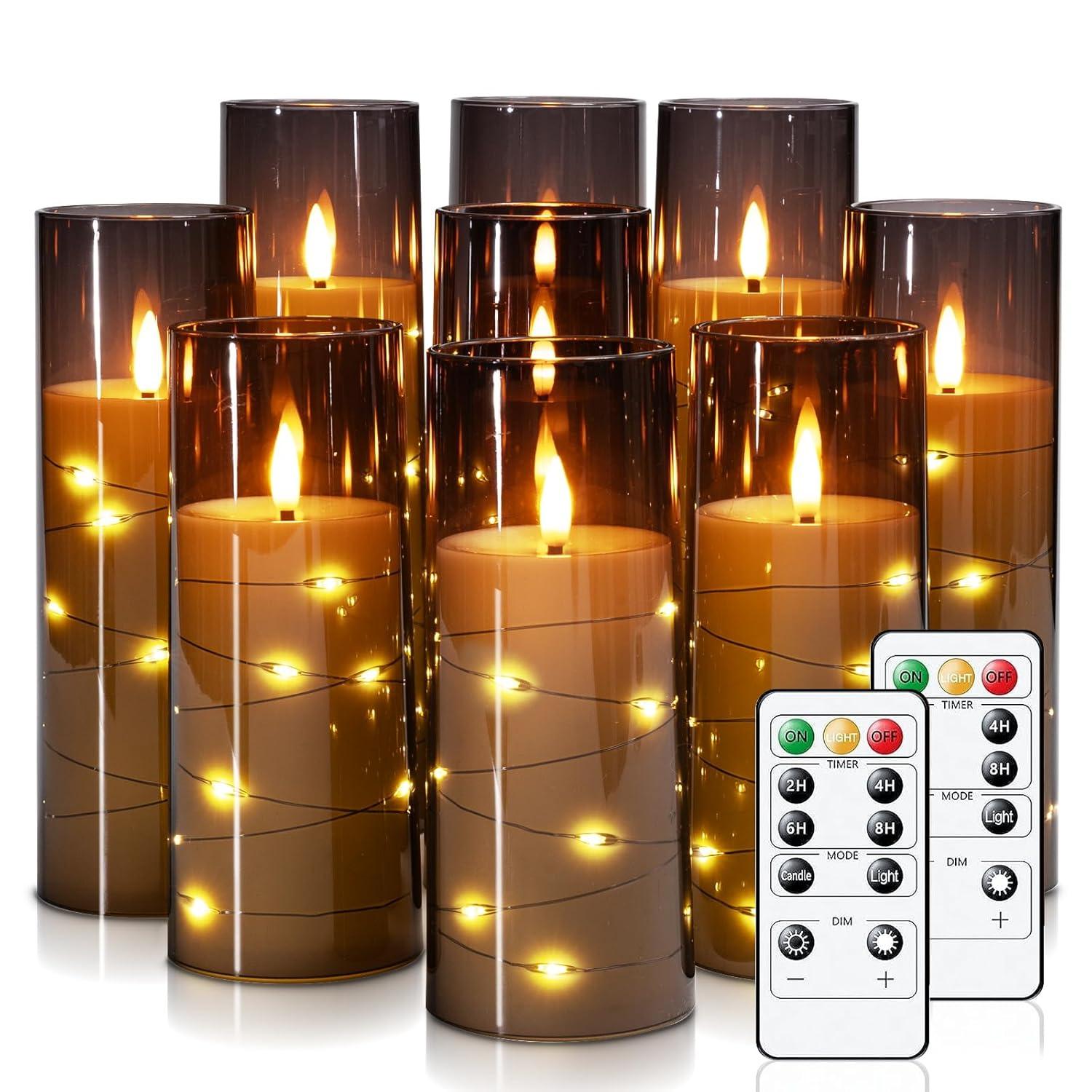 Gray Flameless LED Decorative Pillar Candles with Remote, Set of 9