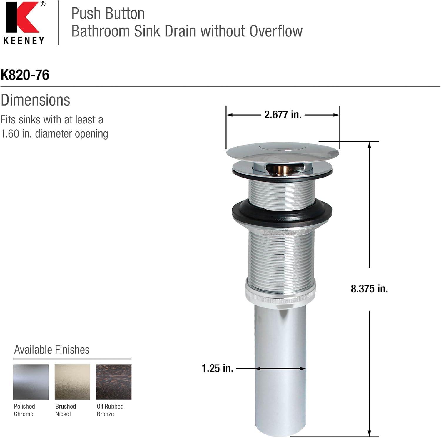 Keeney Decorative Solid Brass Pop-Up Drain for Bathroom Sinks Without Overflow, Chrome