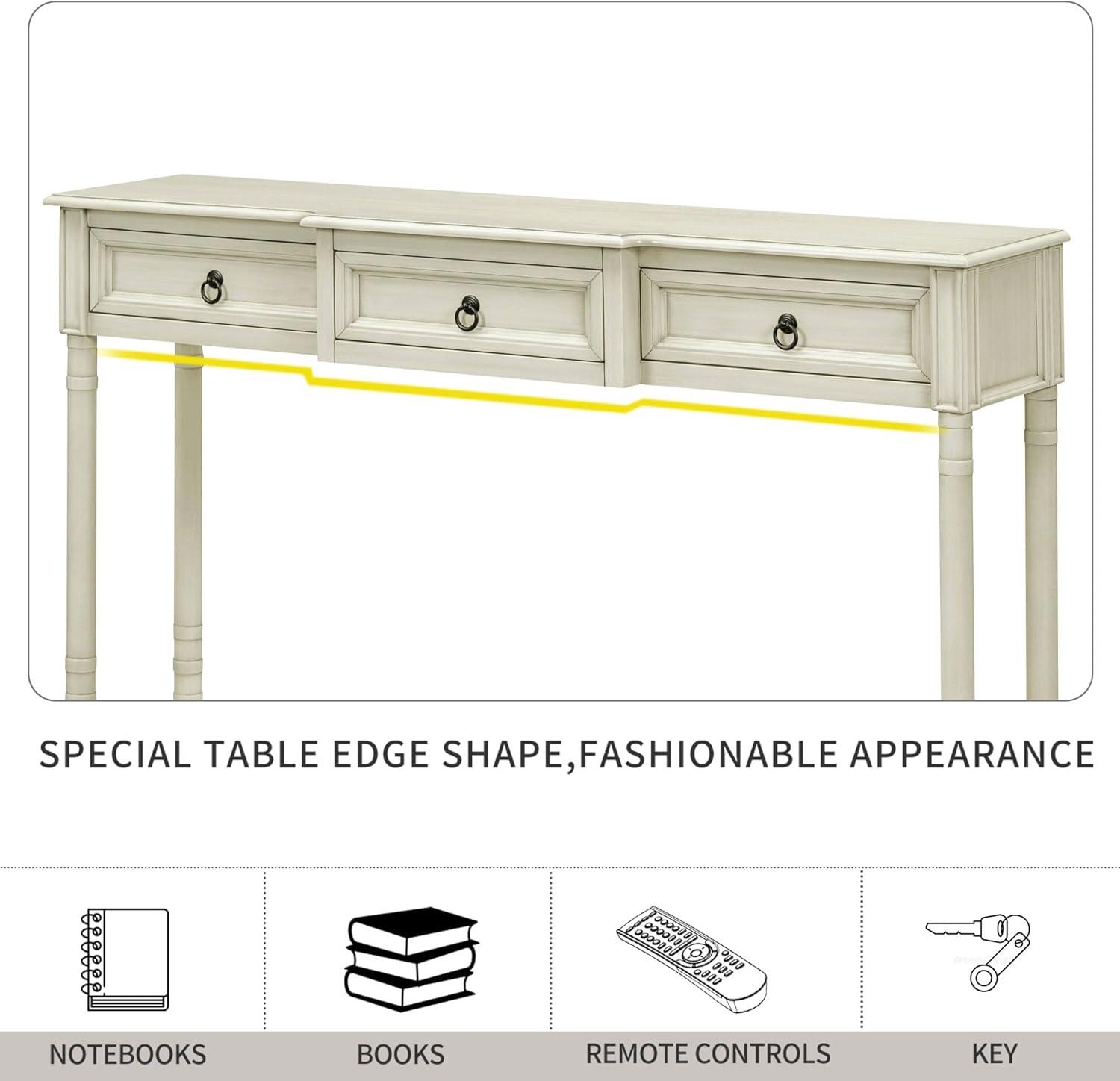 Console Table with Projecting Storage Drawers, Entryway Solid Wood Sofa Table with Long Shelf  for Home Living Room and Hallway, Antique White