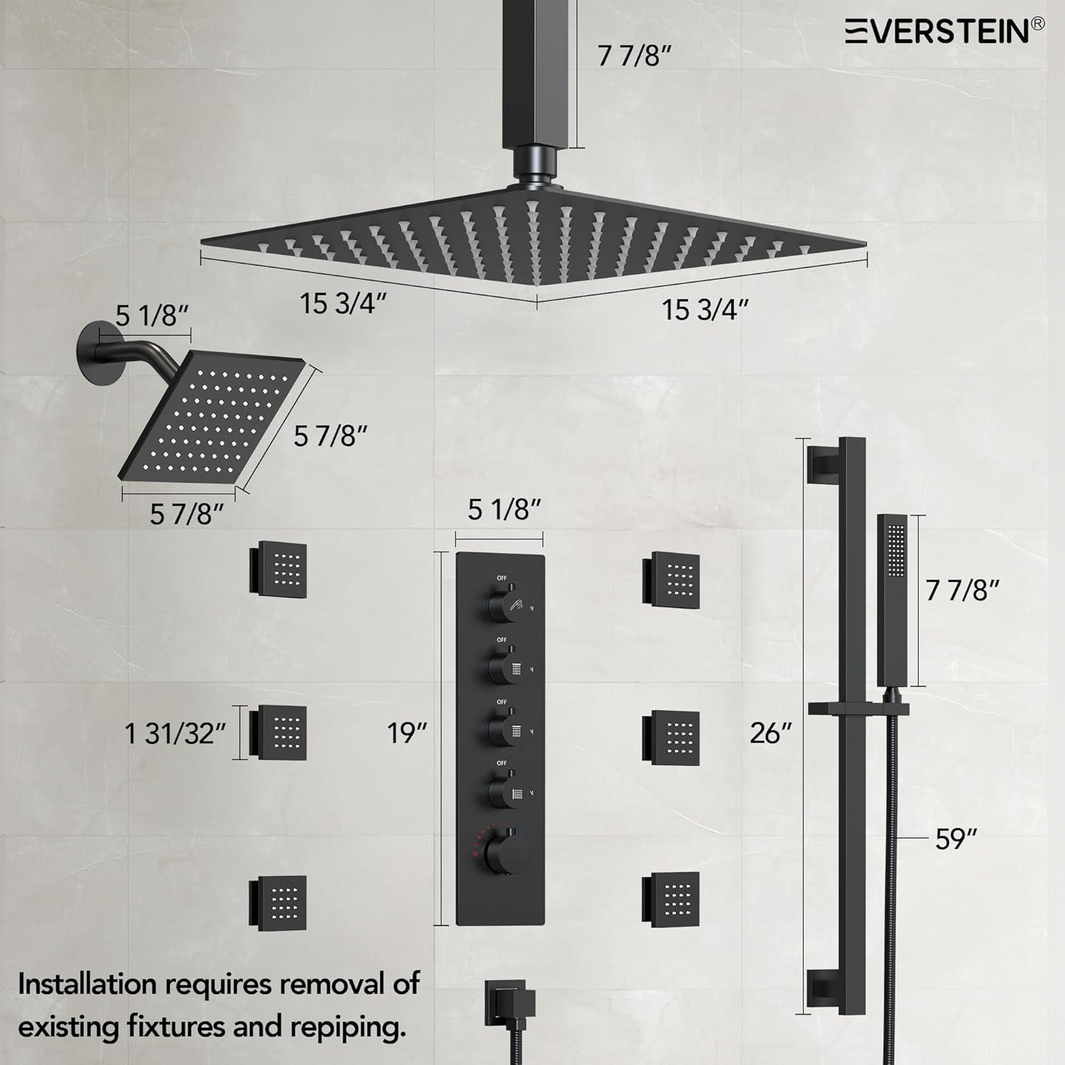DualJetSpa 15-Spray Patterns 16" & 6" Dual Shower Head, Shower FaucetSystem with Thermostatic Rough-in Valve and Body Jets