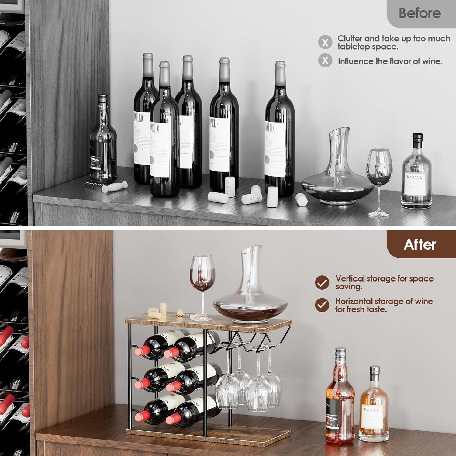 Wine Racks Countertop, Hold 6 Bottles and 4 Wine Glass Rack Wine Holder, Freestanding Wine Rack for Home, Kitchen, Bar, Wine Cellar, Cabinet