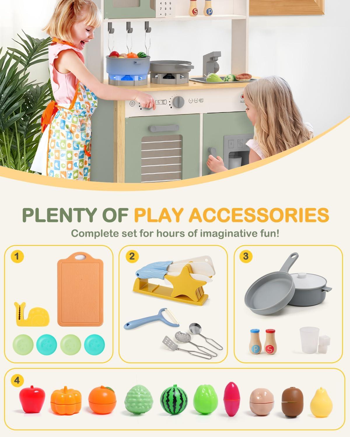 Wooden Kitchen Playset for Kids Ages 3+ with Realistic Lights, Sounds, Stove, Sink, Oven, and Accessories, Toys Kitchen Small Pretend Play Kitchen for Toddlers (Green)