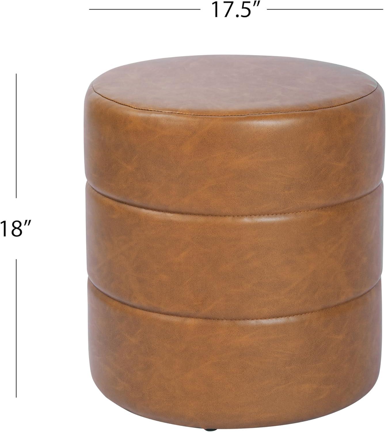Round Upholstered Ottoman Caramel Faux Leather - HomePop: Channel Tufted, No Assembly Required
