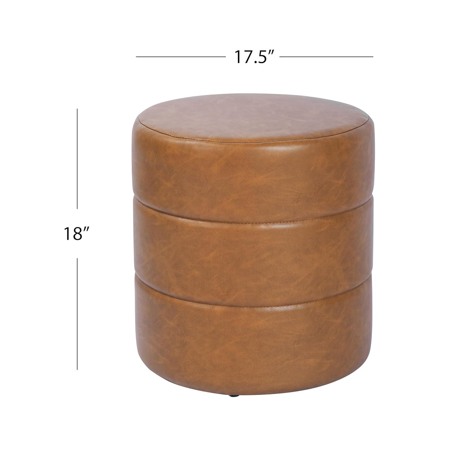 Round Upholstered Ottoman Caramel Faux Leather - HomePop: Channel Tufted, No Assembly Required