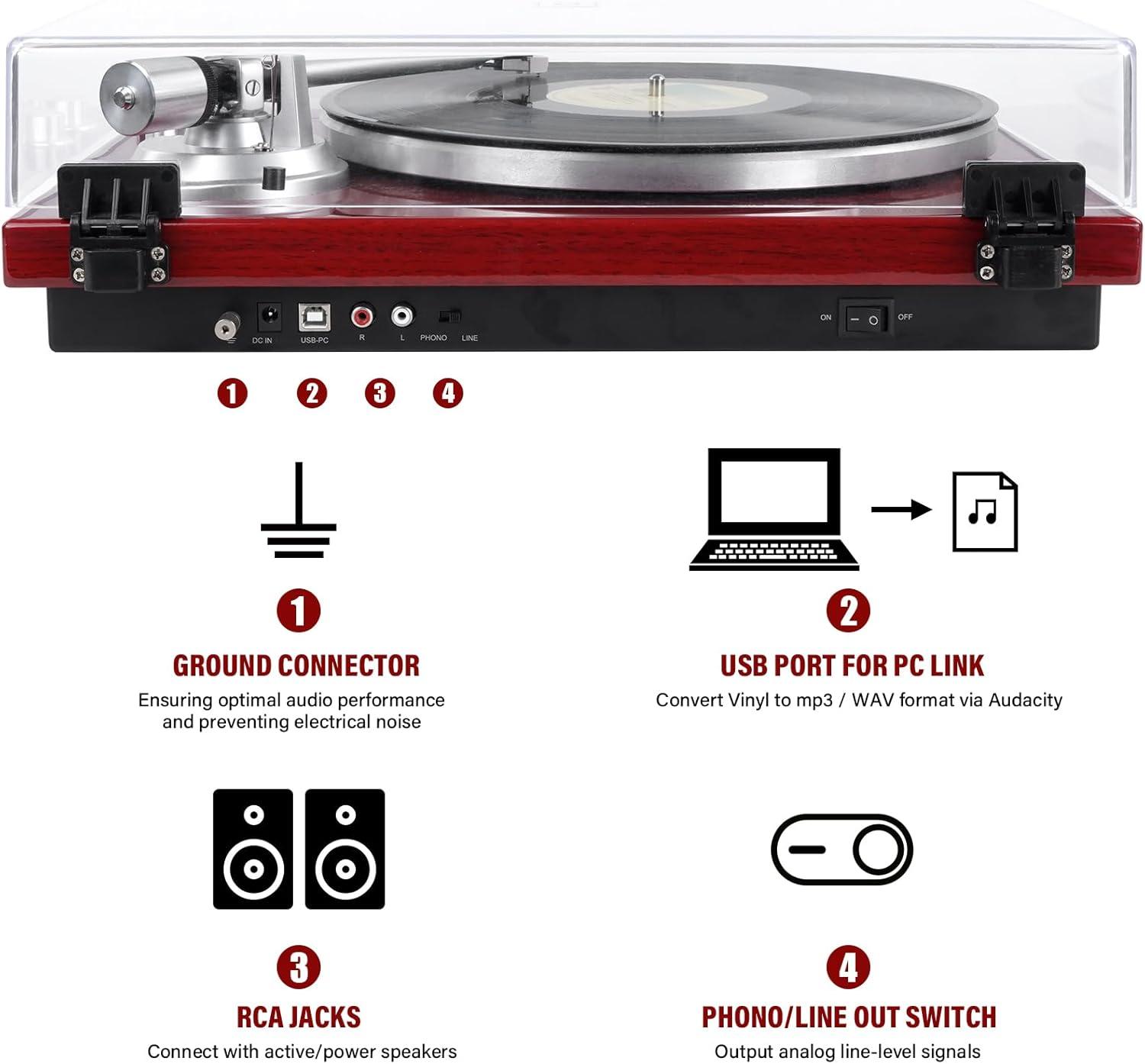 Red Belt-Drive Turntable with USB and Bluetooth Connectivity