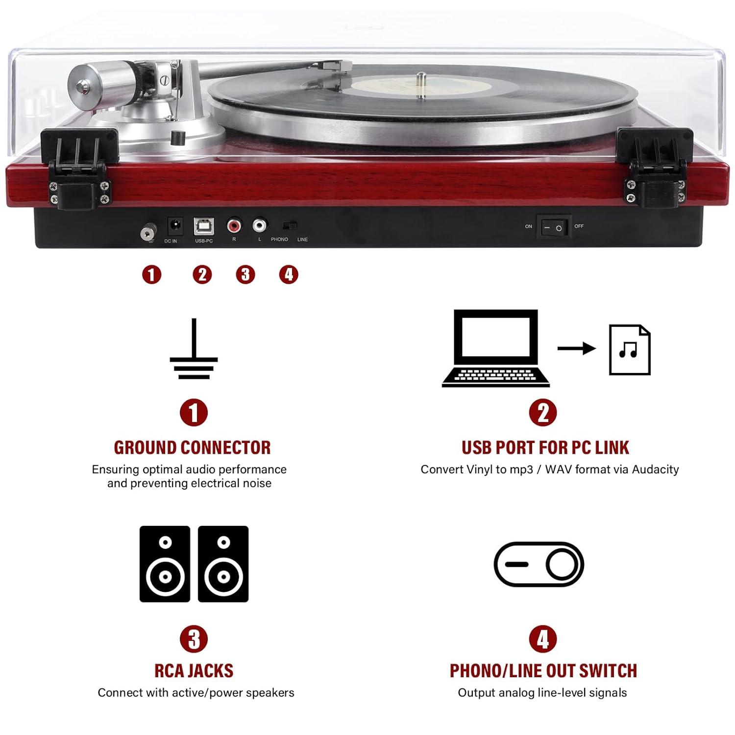 Vinyl Record Player Belt-Drive Turntable for Vinyl Records with Bluetooth Connectivity, USB Digital Output, Magnetic Cartridge & Adjustable Counterweight, AT-3600L, 33 or 45 RPM, M485-Red
