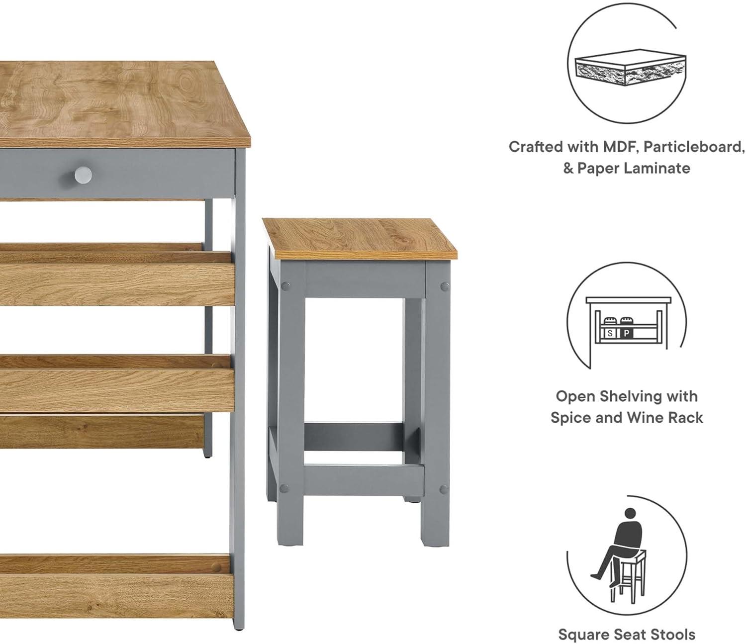 Galley 3-Piece Kitchen Island And Stool Set In Oak Gray