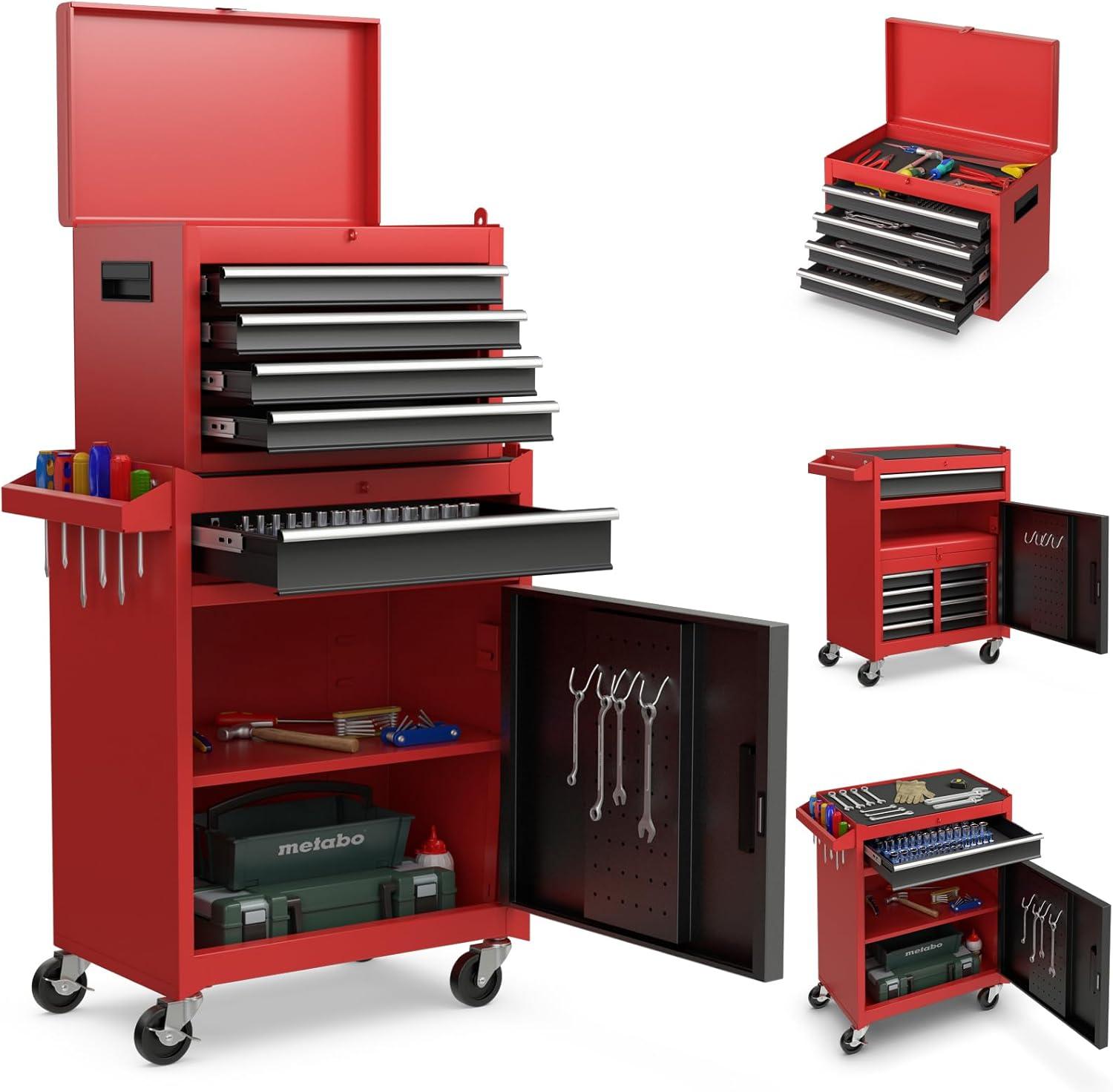 Tool Chest, 5-Drawer Rolling Tool Storage Cabinet with Detachable Top Tool Box, Liner, Universal Lockable Wheels