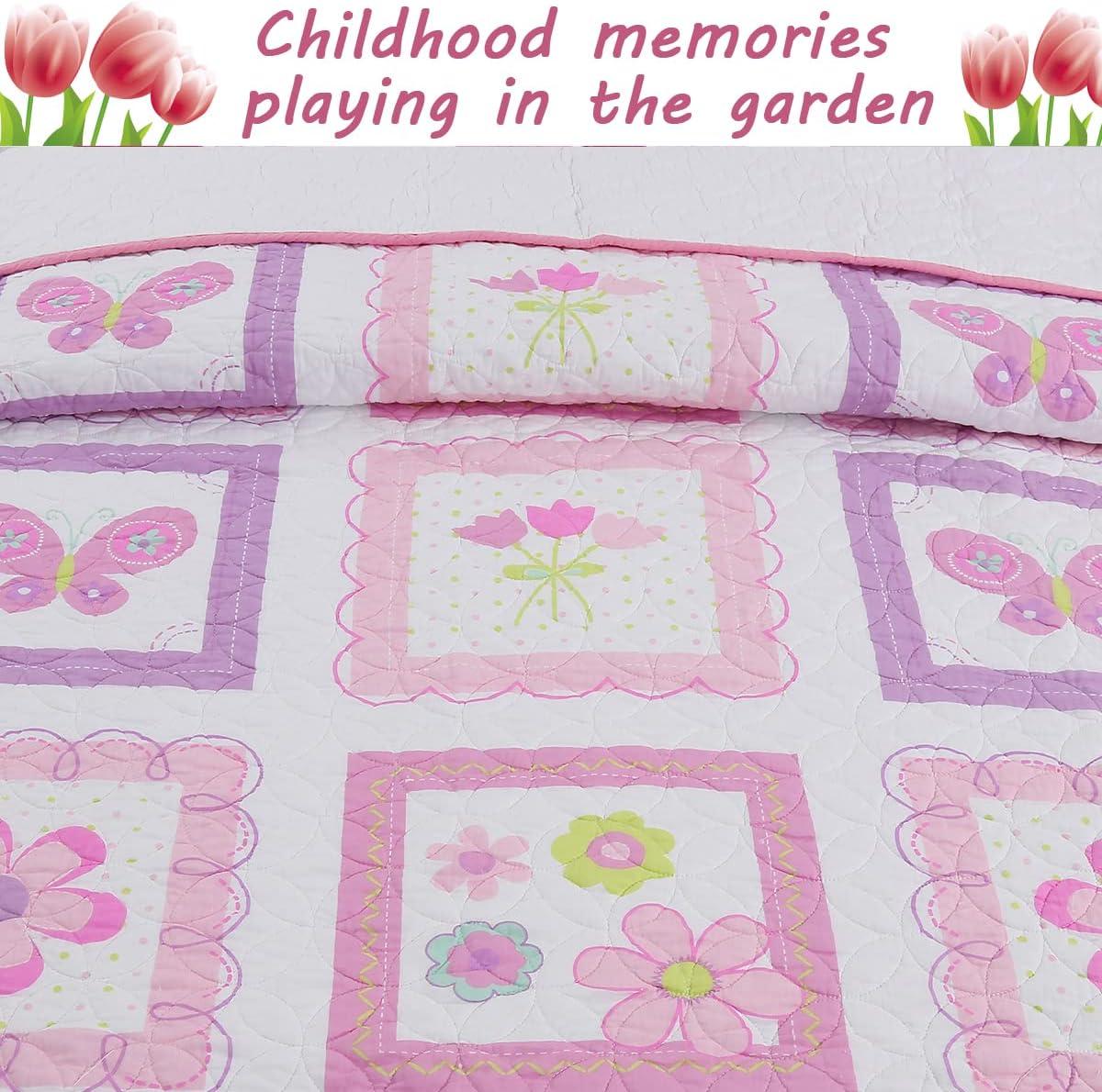 Pink and White Cotton Butterfly Floral Twin Quilt Set