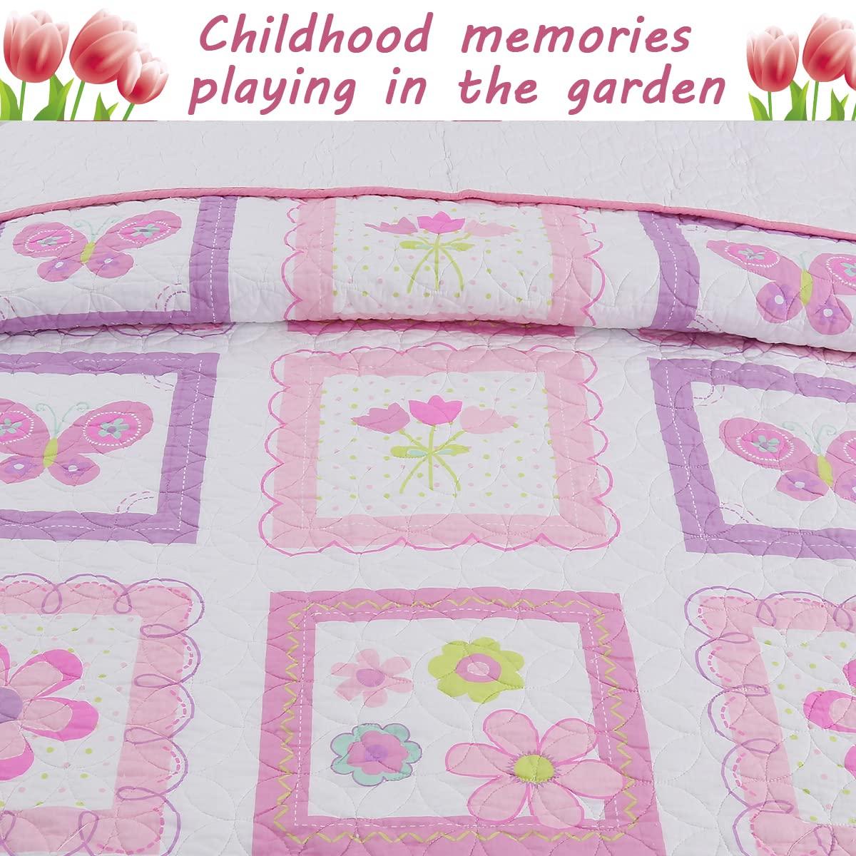 Pink and White Cotton Butterfly Floral Twin Quilt Set