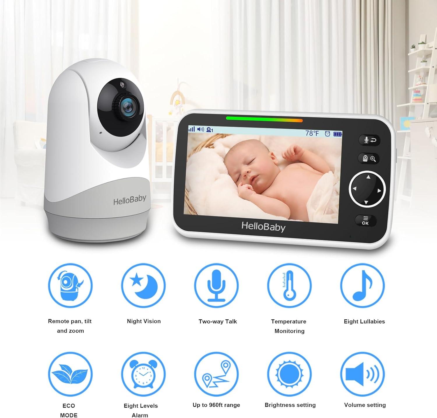 HelloBaby 5'' Black and White Wireless Baby Monitor with Night Vision