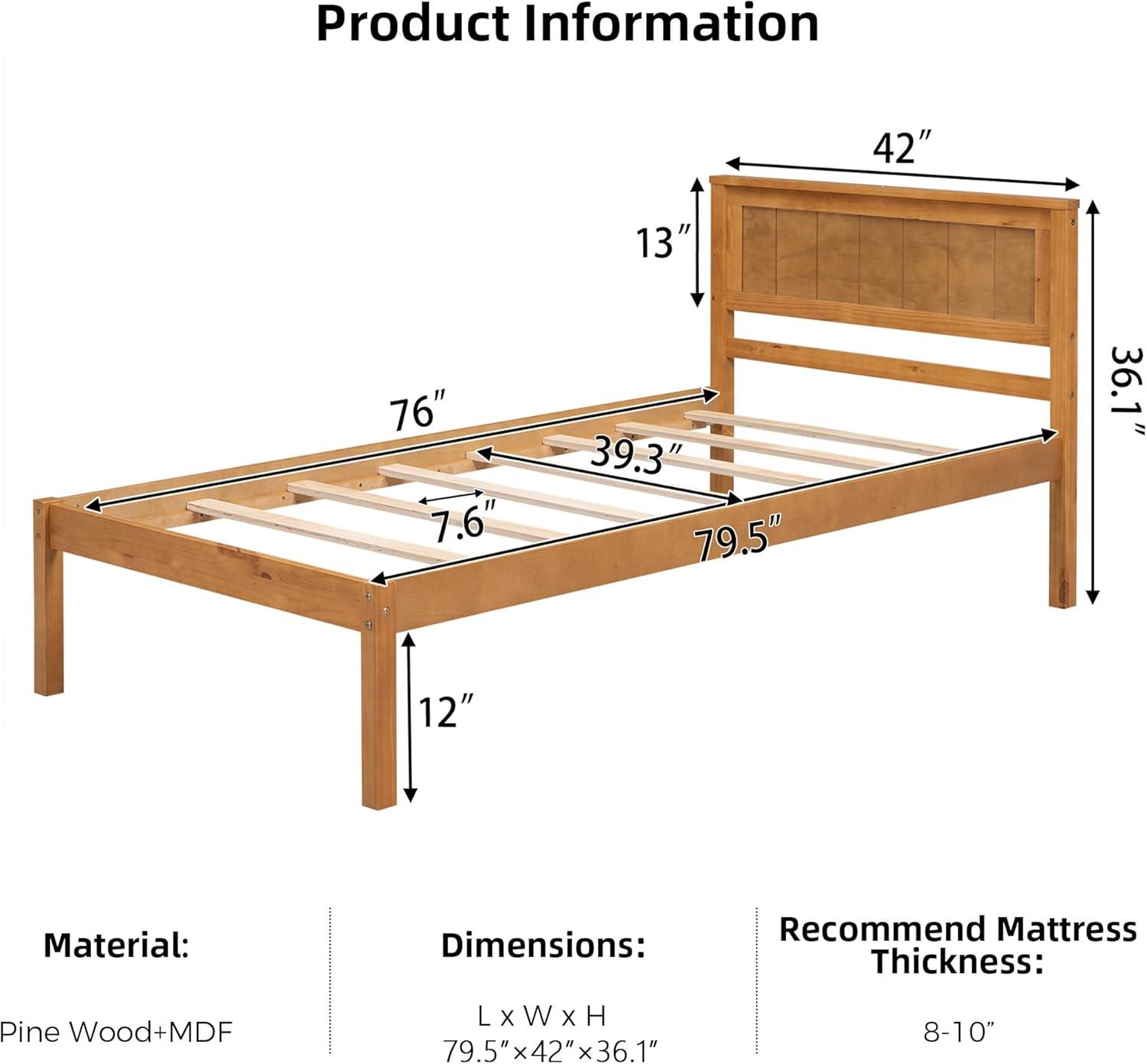 Oak Twin Pine Wood Platform Bed with Headboard and Slats