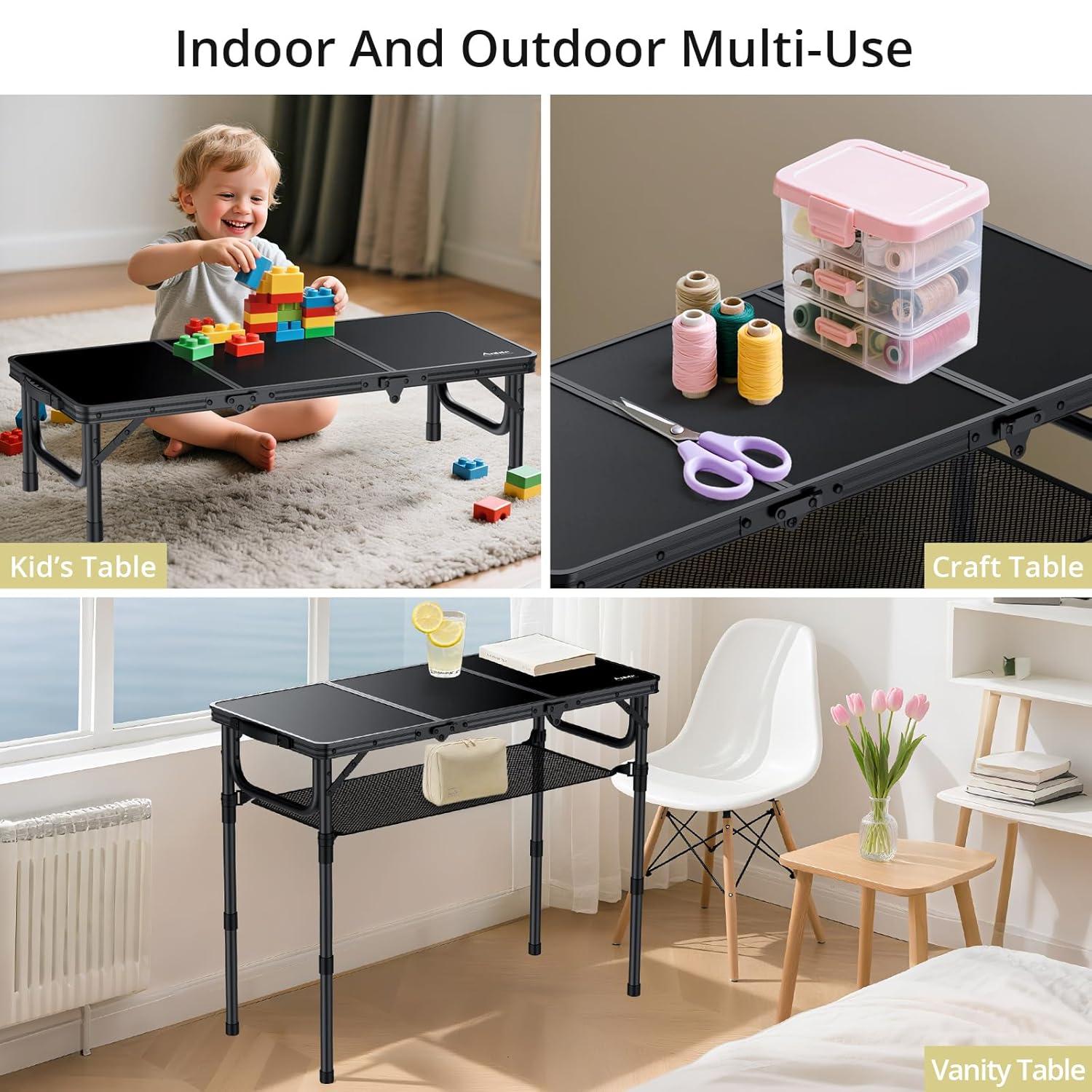 Black Aluminum Folding Camping Table with Adjustable Heights and Storage Net