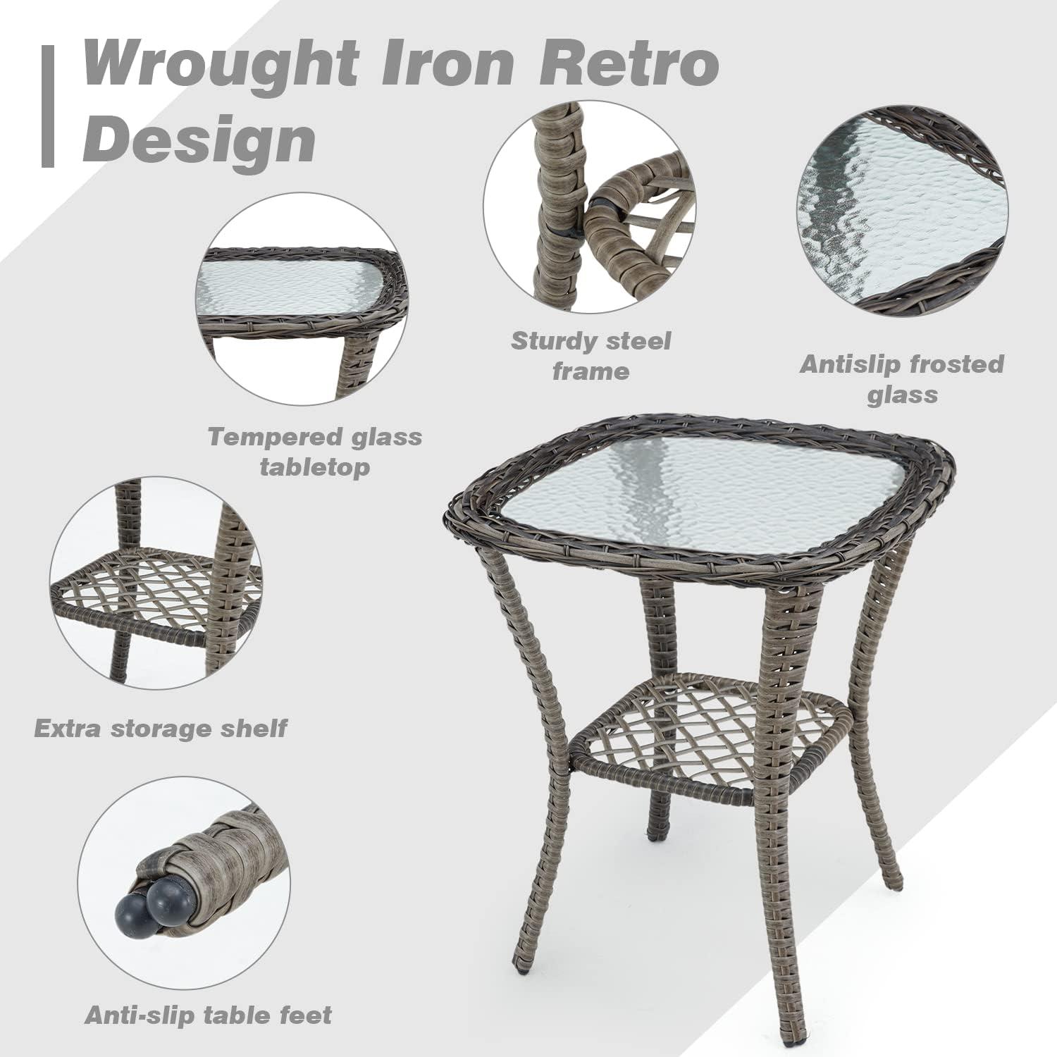 Gray Wicker Steel Frame Swivel Rocking Patio Set with Glass Table