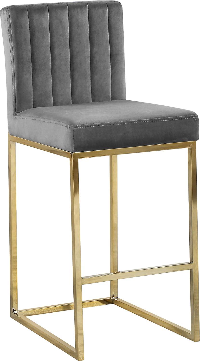 Contemporary Gray Velvet Counter Stool with Gold Metal Base