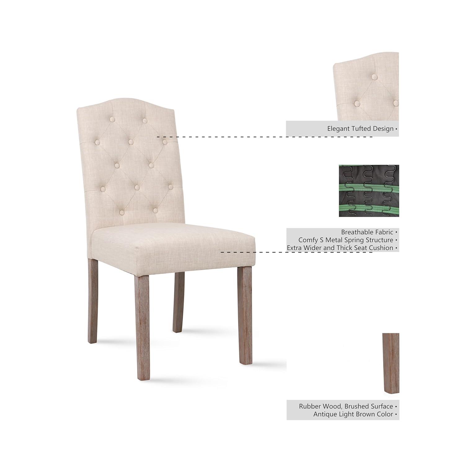 DrInn Traditional Tufted Linen Upholstered Dining Chairs, Beige (Set of 2)