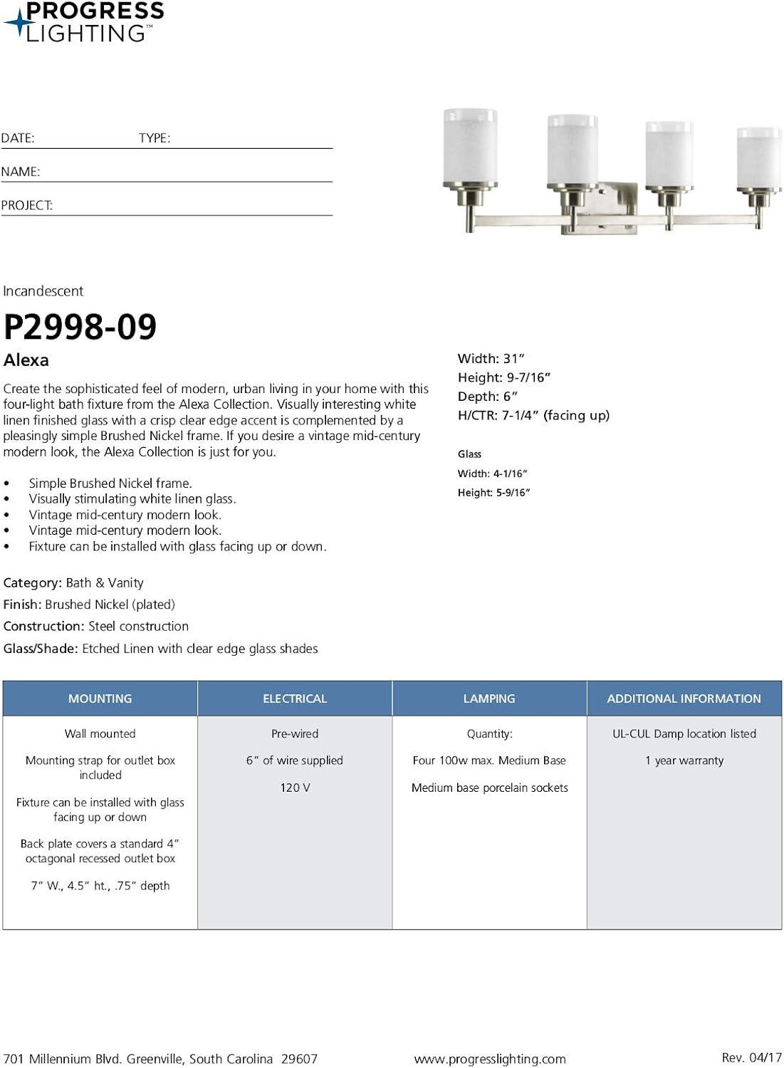 Progress Lighting Alexa Collection 4-Light Bath Fixture, Brushed Nickel, White Linen Glass Shade