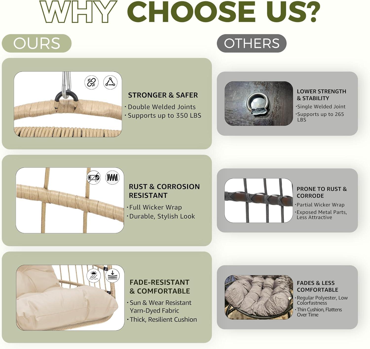 RADIATA Outdoor Foldable Hanging Egg Chair with Stand, PE Wicker Swing Chair with Cushion and Headrest, 350 lbs Capacity, Beige