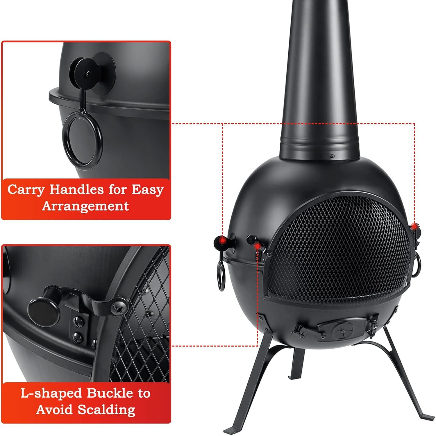 SINGLYFIRE 55 Inch High Fire Pit Fireplace with Chiminea Cover Rust-Free Iron Black