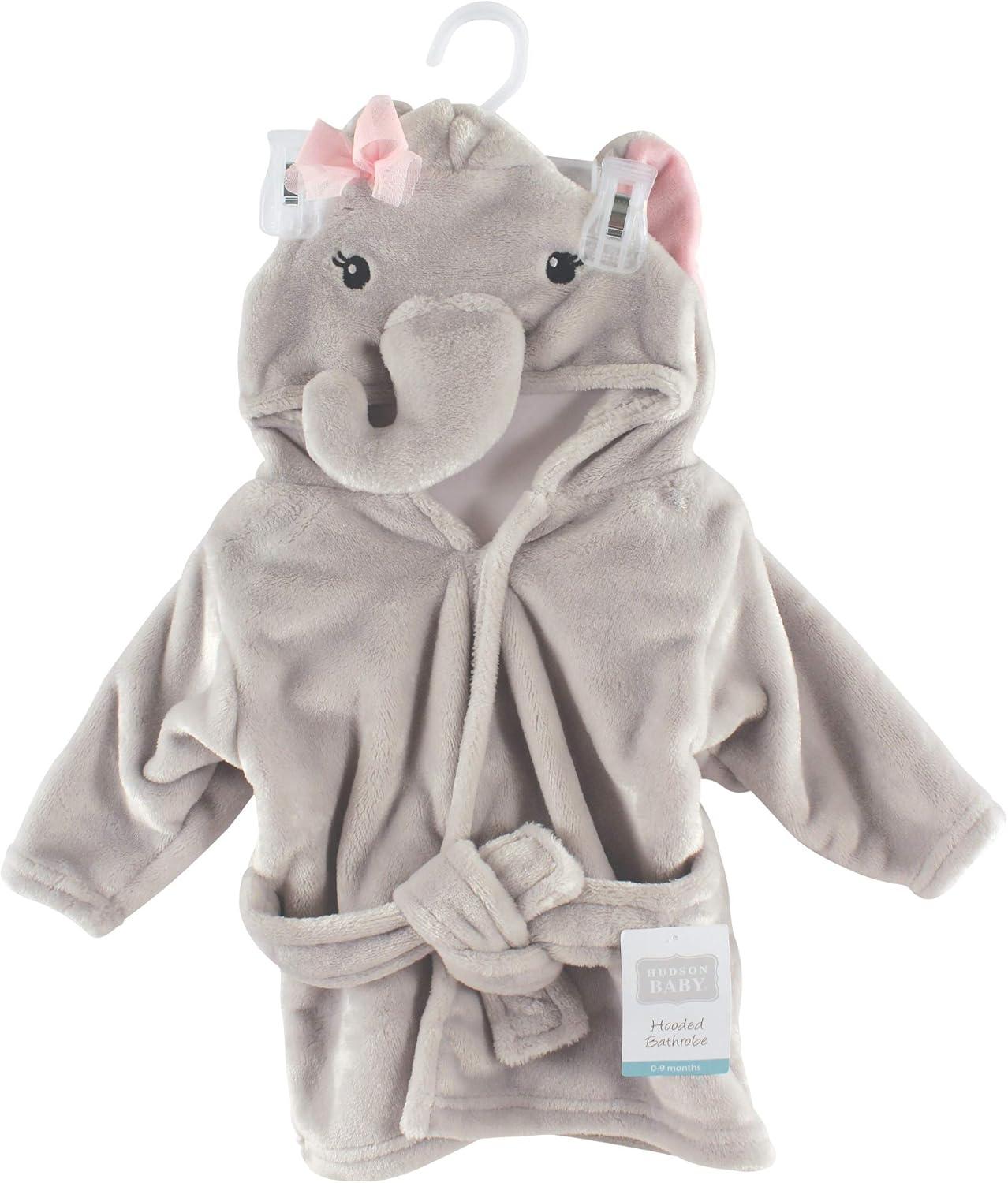 Hudson Baby Infant Girl Plush Animal Face Bathrobe, Pretty Elephant, 0-9 Months