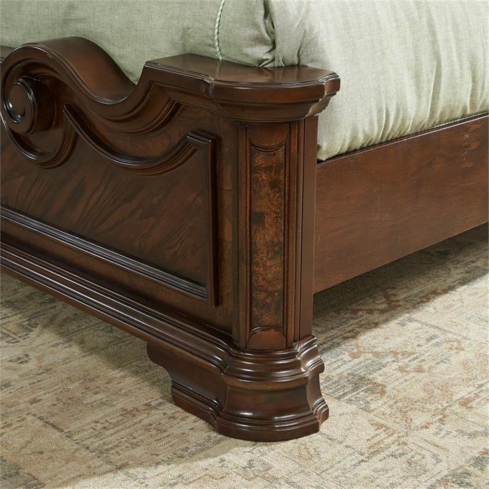 Royale Brown Cherry Queen Panel Bed with Intricate Carvings