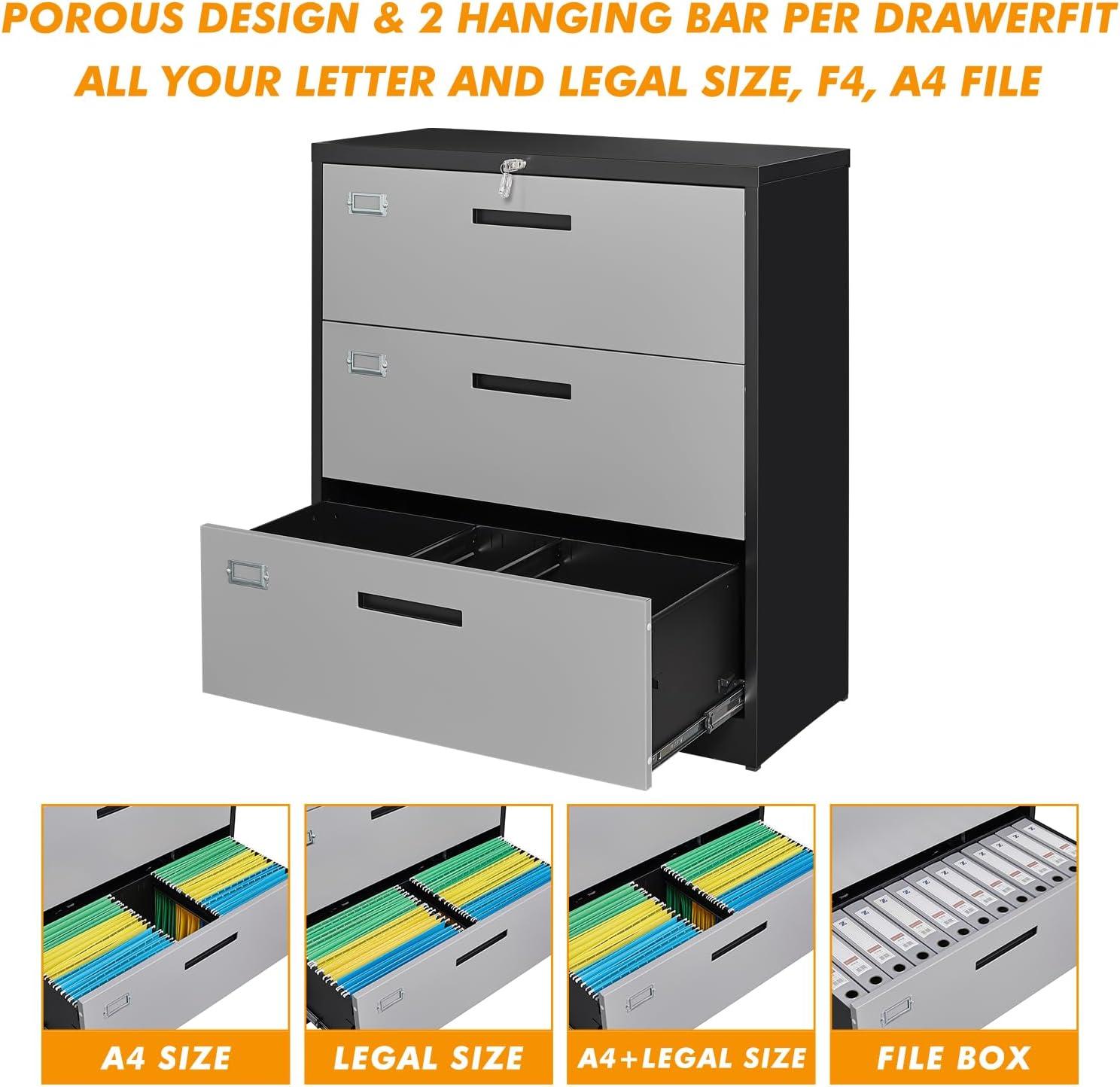 Letaya File Cabinet with Lock-Lateral 3 Drawer Metal Filing Cabinets-Organization Storage for Home Office-Hanging Letter/Legal/F4/A4 Size (Grey Black)