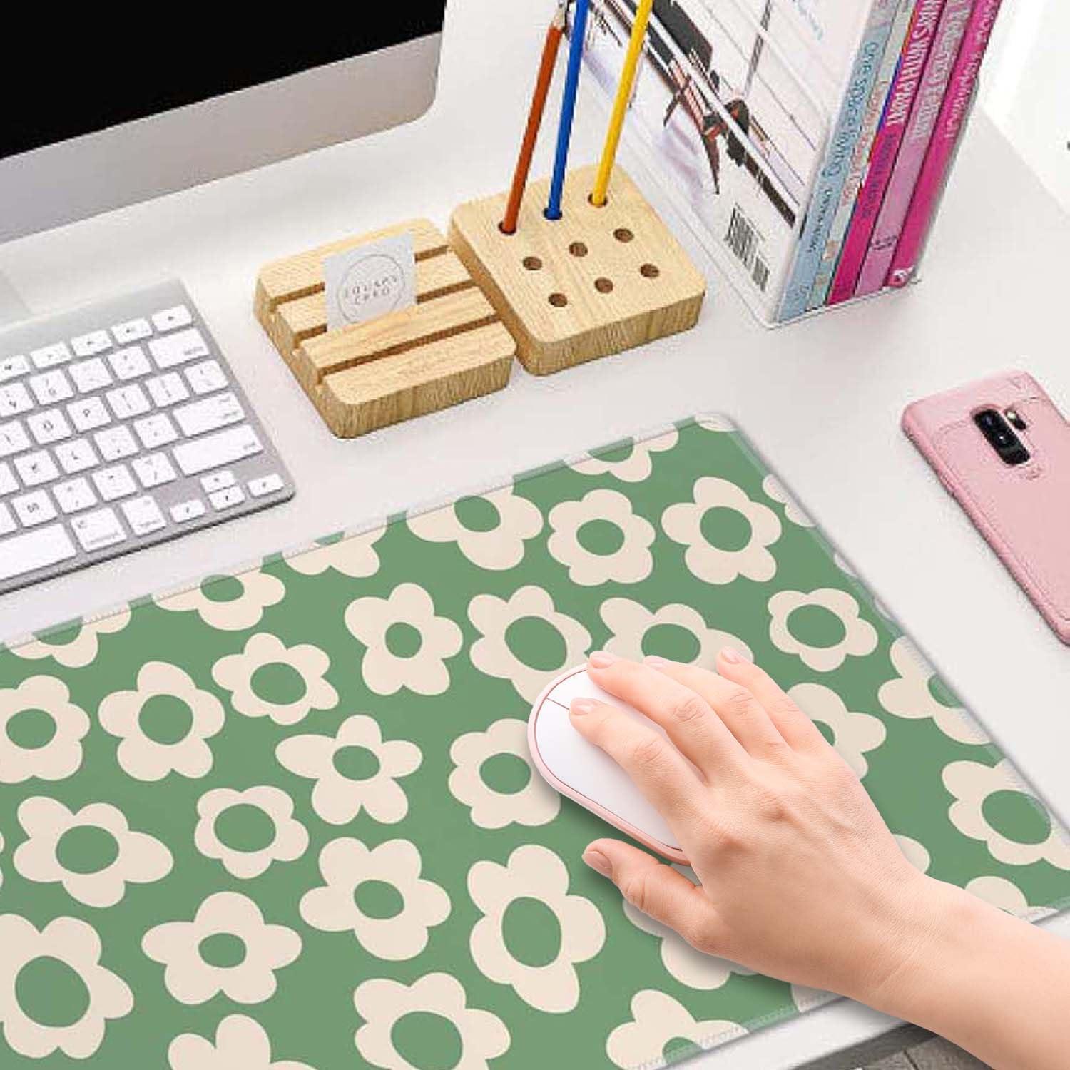 Vintage Groovy Green Flowers Gaming Mouse Pad,Extended Large Mouse Mat Desk Pad,Big Computer Keyboard Desk Pad,Stitched Edges Mousepad,3mm Thick Long Non-Slip Rubber Base Mice Pad, 31.5 X 11.8 Inch