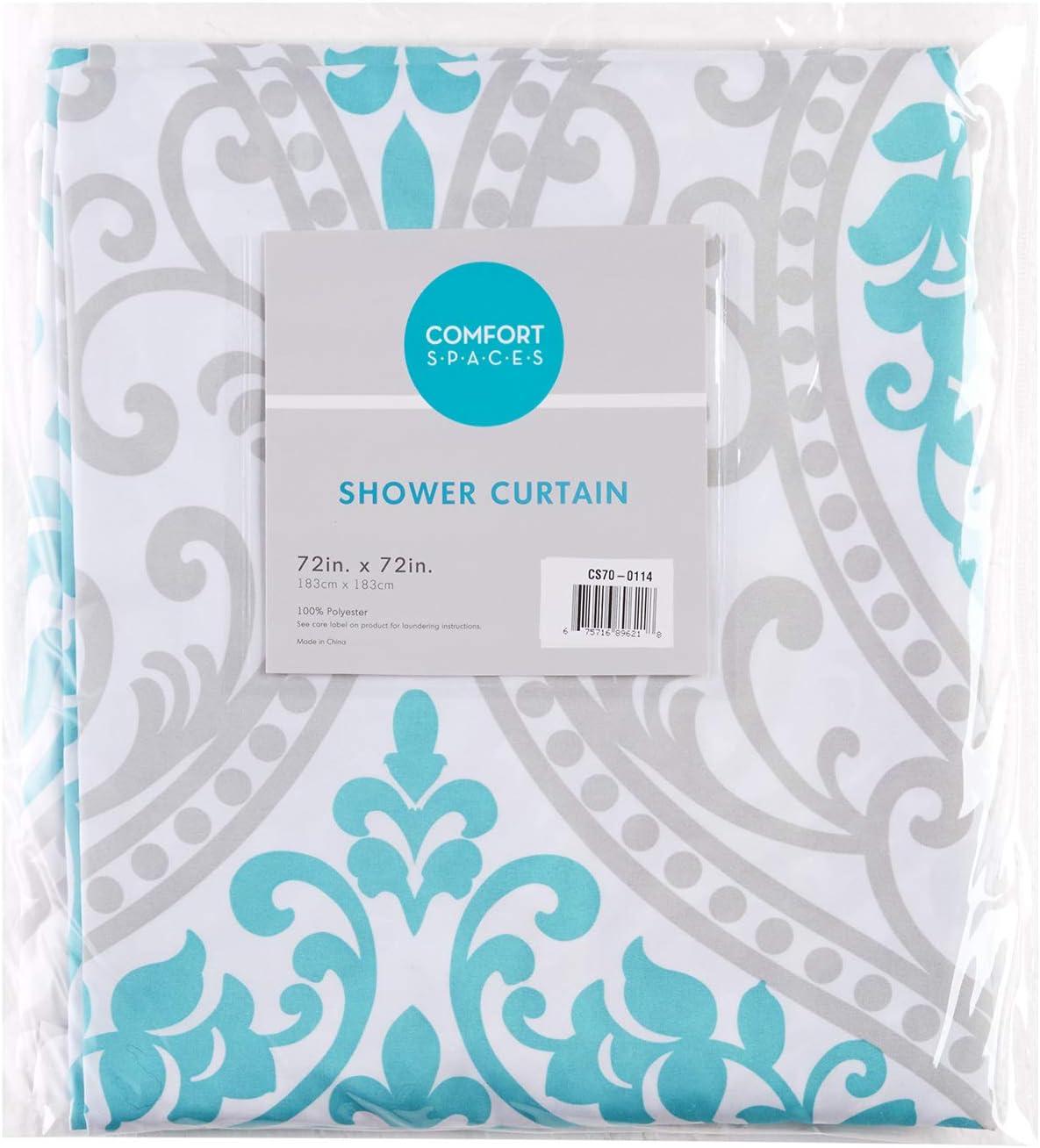 Comfort Spaces Coco Microfiber Teal/Gray Printed Damask Shower Curtain, 72"x72"