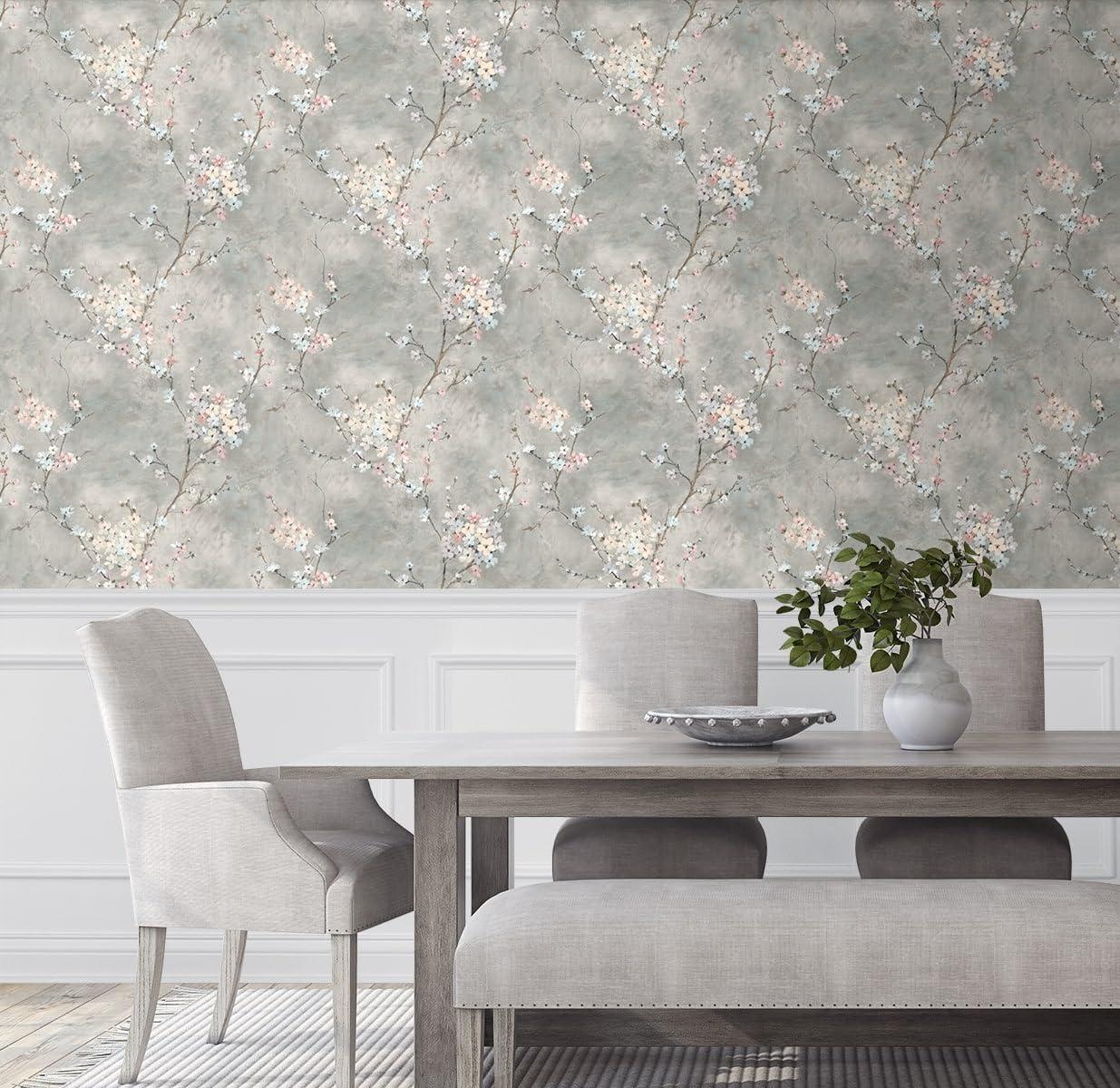 Harry & Grace Grey Floral Blossom Peel and Stick Wallpaper - 27 in. W. x 18 ft. L. Roll