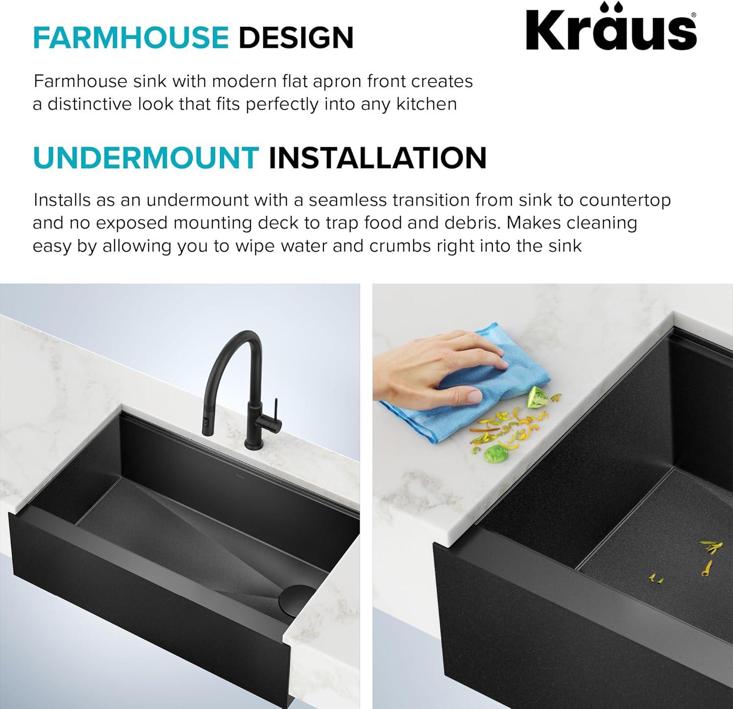 KRAUS Kore™ Workstation 33" L Farmhouse Modern Flat Apron Front 16 Gauge Black Stainless Steel Single Bowl Kitchen Sink