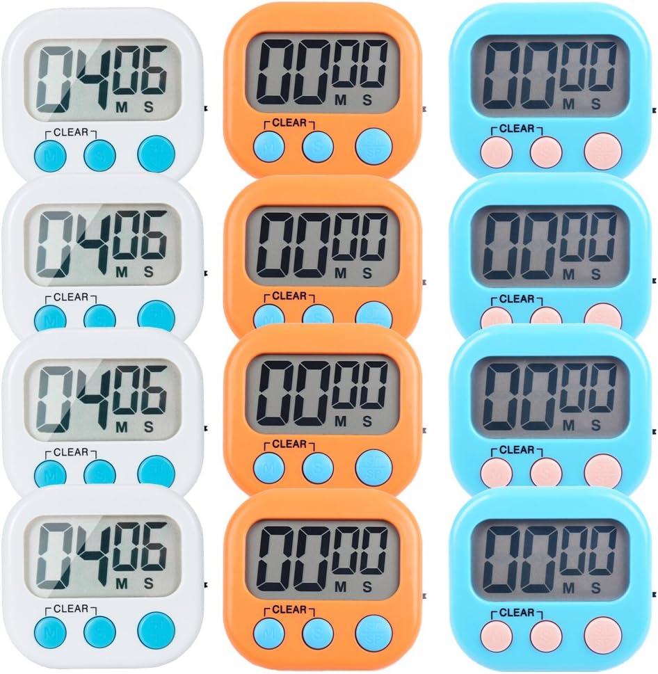 Compact Digital Kitchen Timer Set with Magnetic Back, 12-Pack, White, Blue, Orange