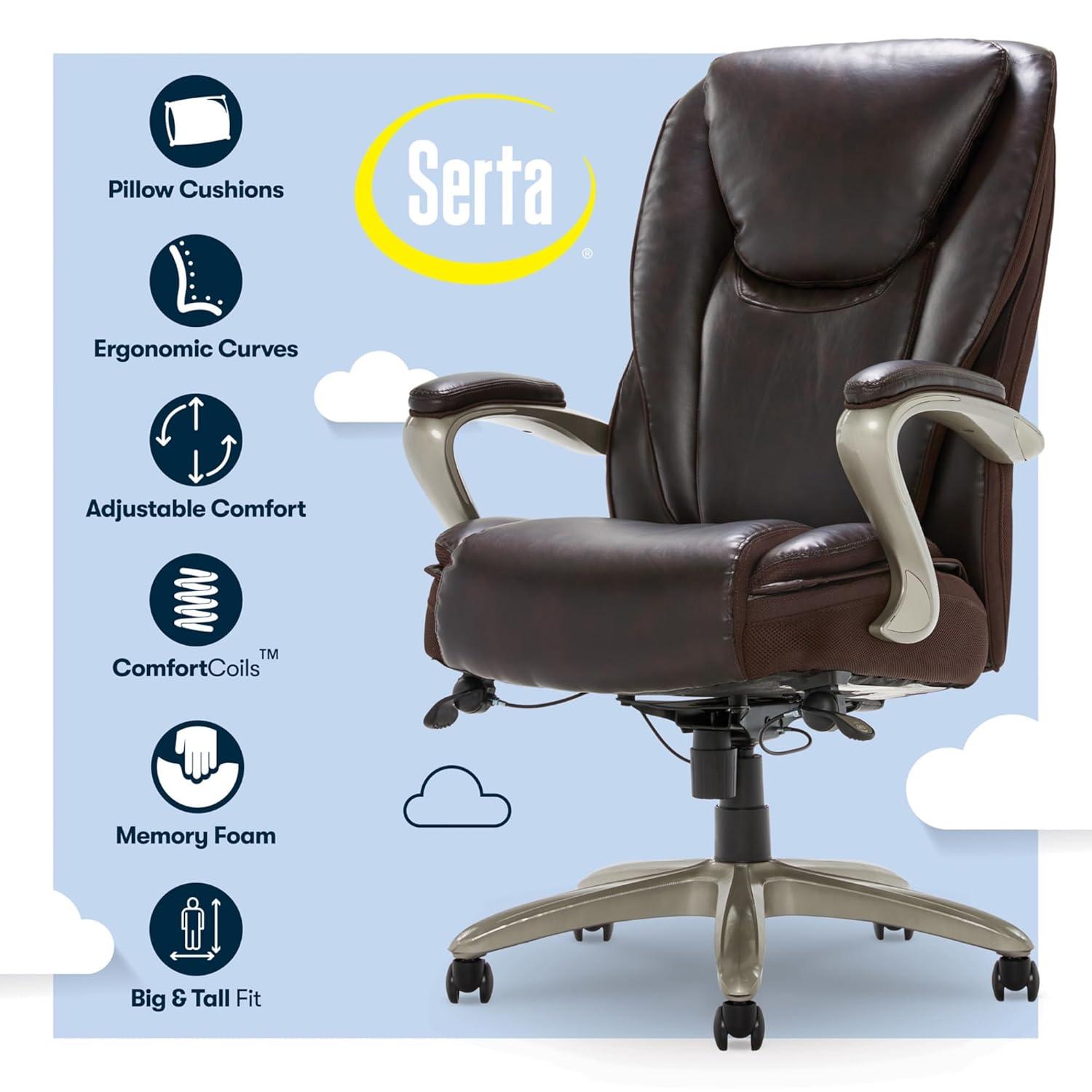 Serta® Smart Layers™ Hensley Big & Tall Ergonomic Bonded Leather High-Back Office Chair, Roasted Chestnut/Satin Nickel