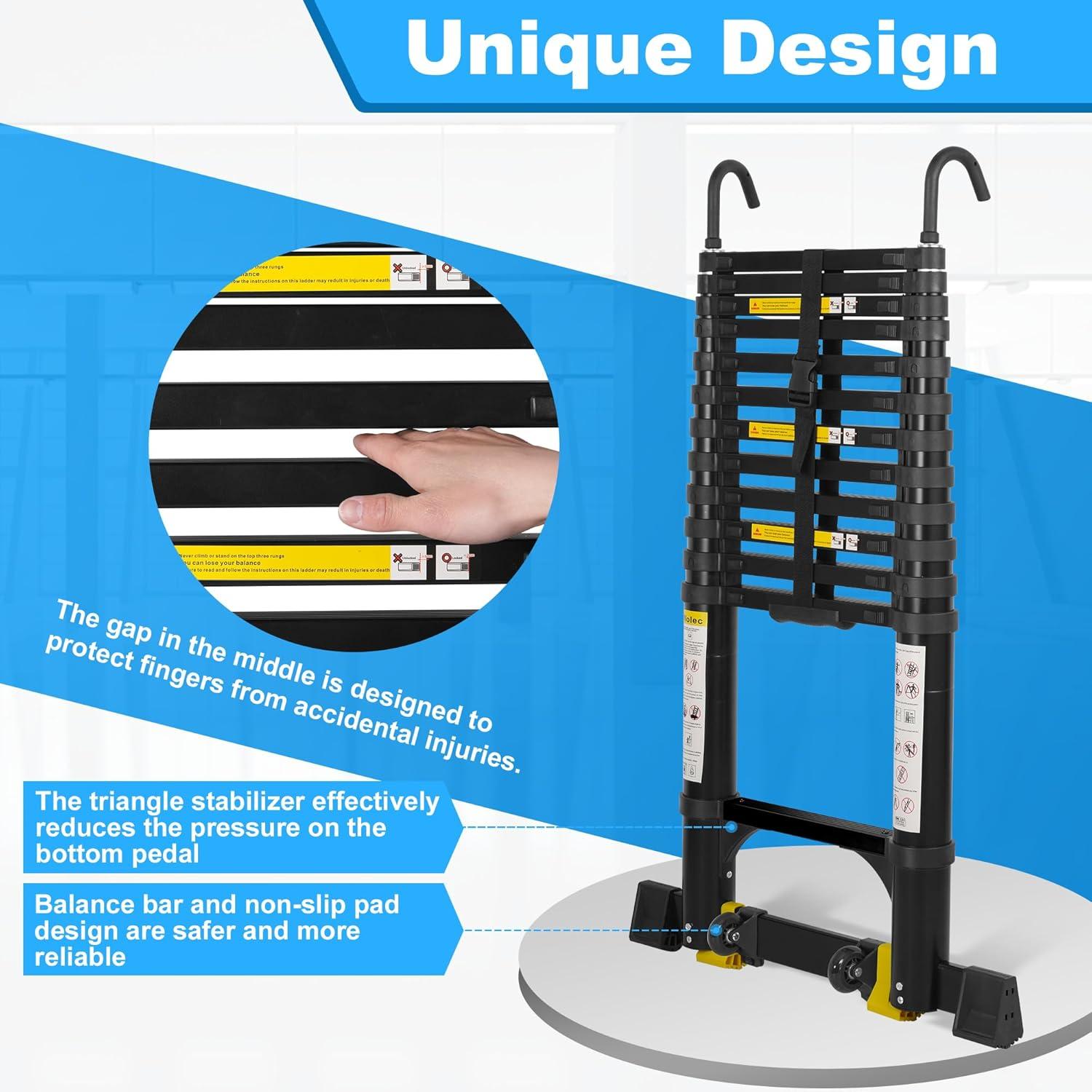 Telescoping Ladder, 19FT Aluminum Portable Extension Ladder w/Hooks, Stabilizers& Wheels, Heavy Duty 330lbs Max Capacity, Collapsible Telescopic Ladder for Rv, Roof, Attic, Outdoor -Black