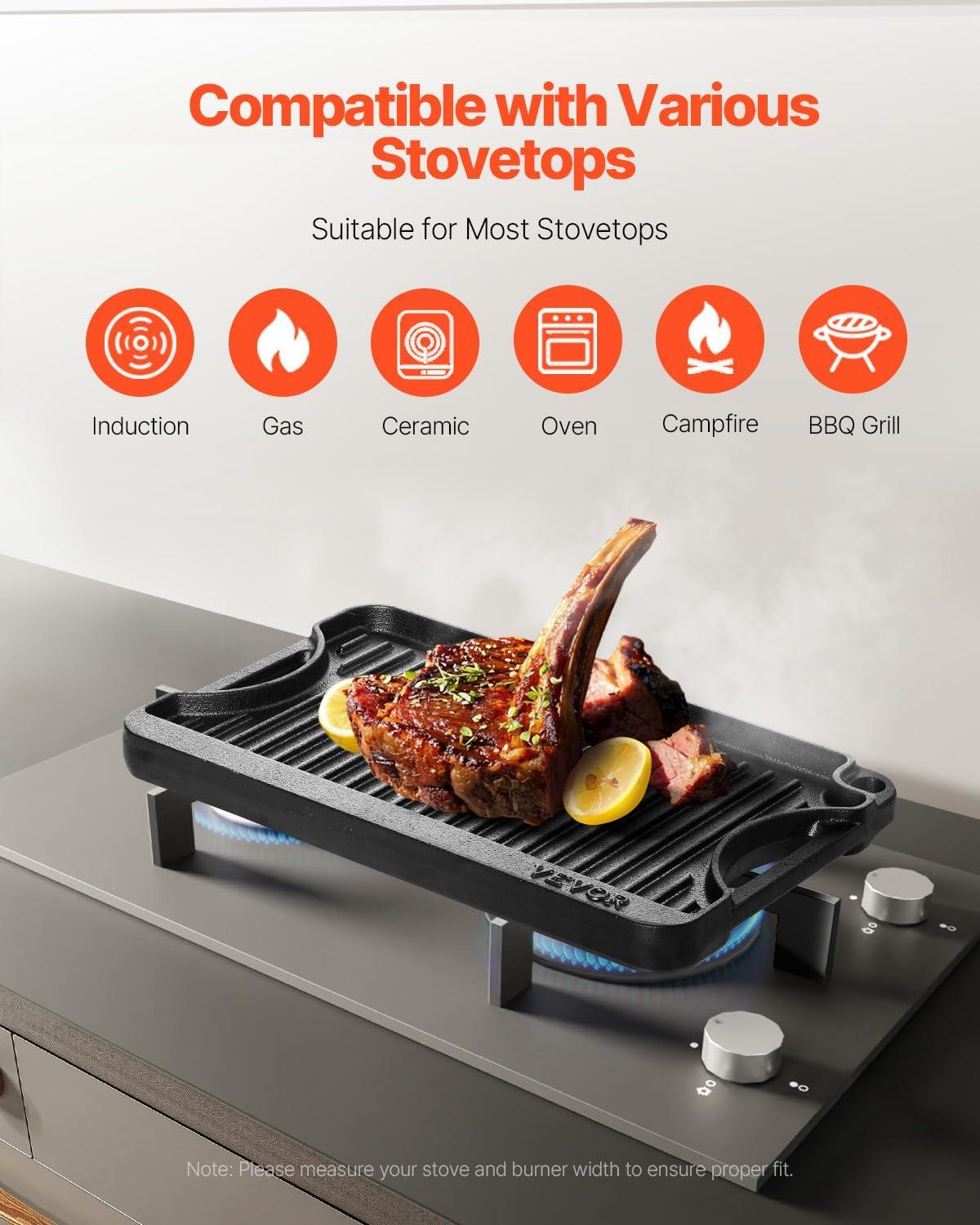 VEVOR Reversible Grill/Griddle, 14x8.5 inch Pre-Seasoned Cast Iron Griddle, Portable Rectangular Pan with Handle, Family Cookware for Indoor/Outdoor Stove Top Burner, Gas, Camping BBQ, Black